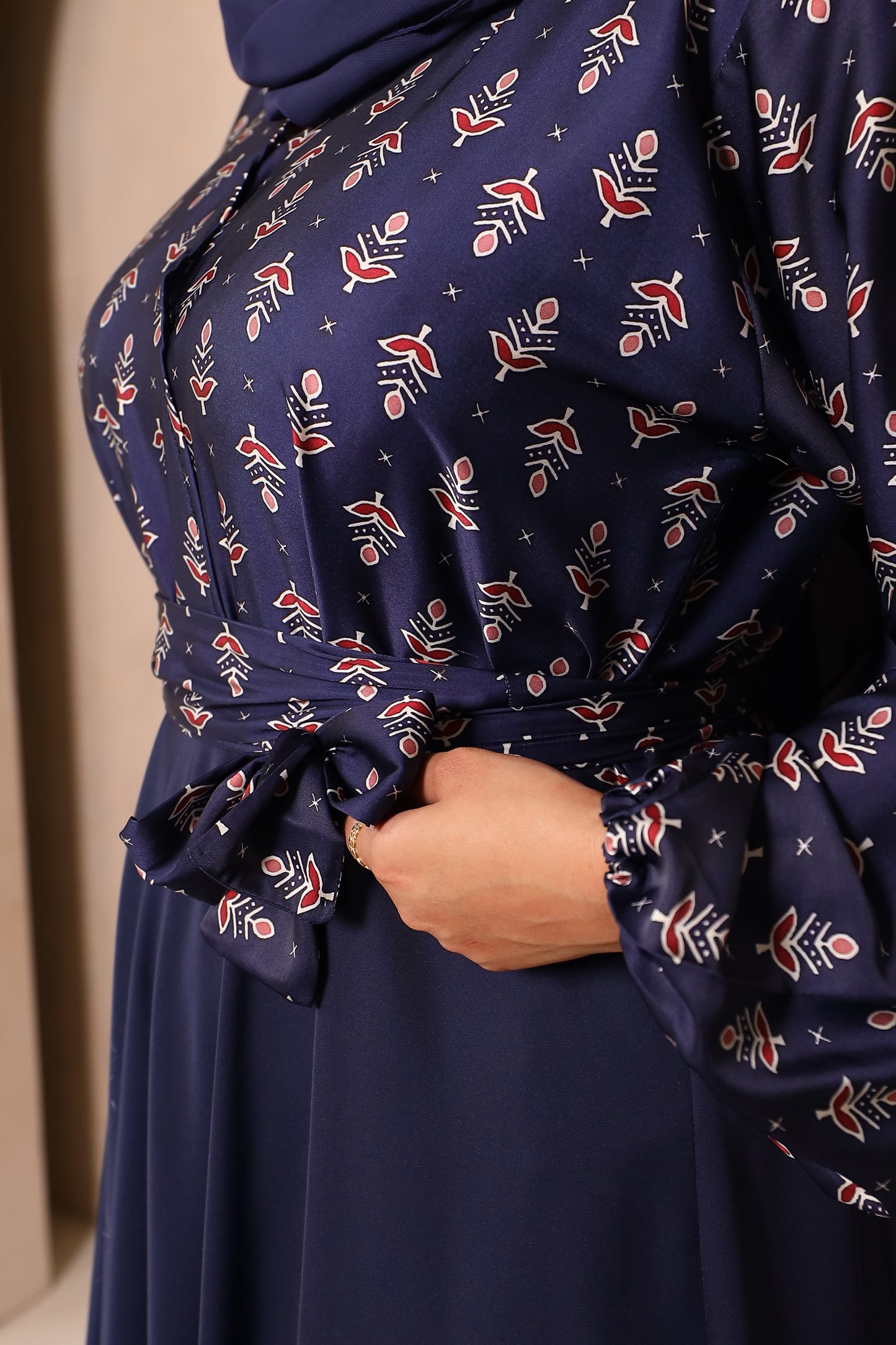 Amal flared Abaya in an Indian Printed Blouse & Navy Nida Skirt