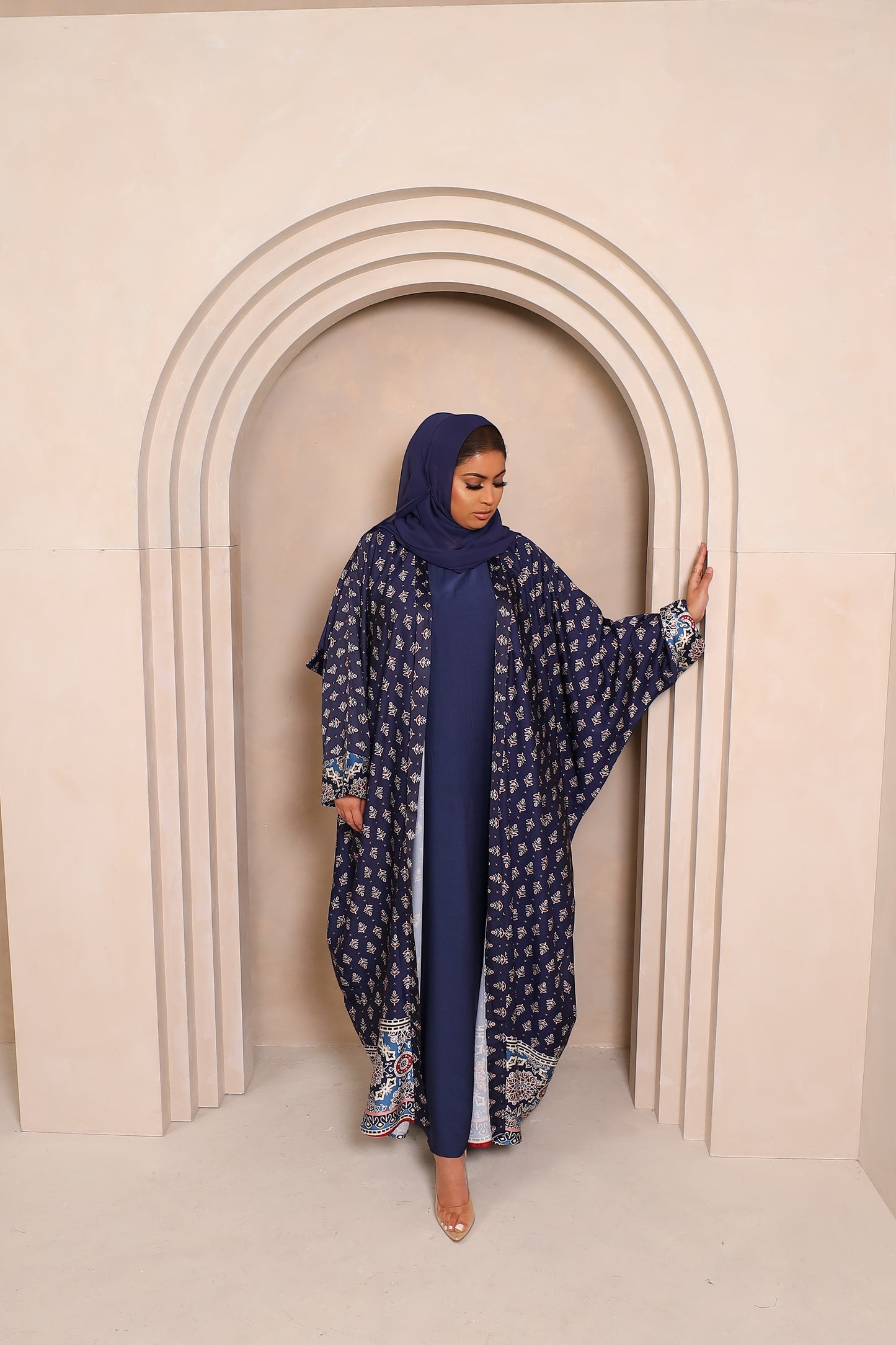 Zahra Indian floral Farasha Open Jacket Abaya with Navy Inner -  4 piece set