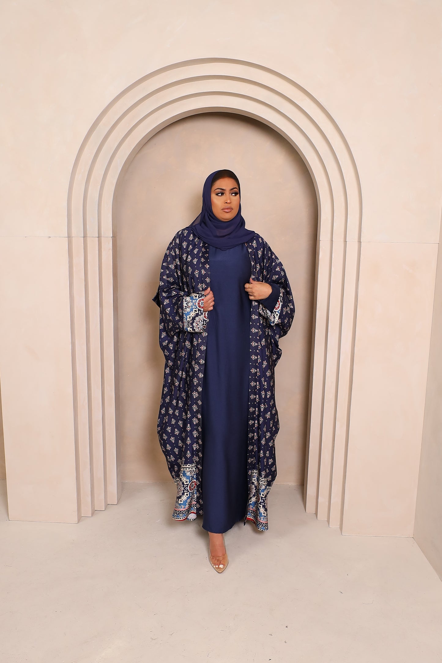 Zahra Indian floral Farasha Open Jacket Abaya with Navy Inner -  4 piece set