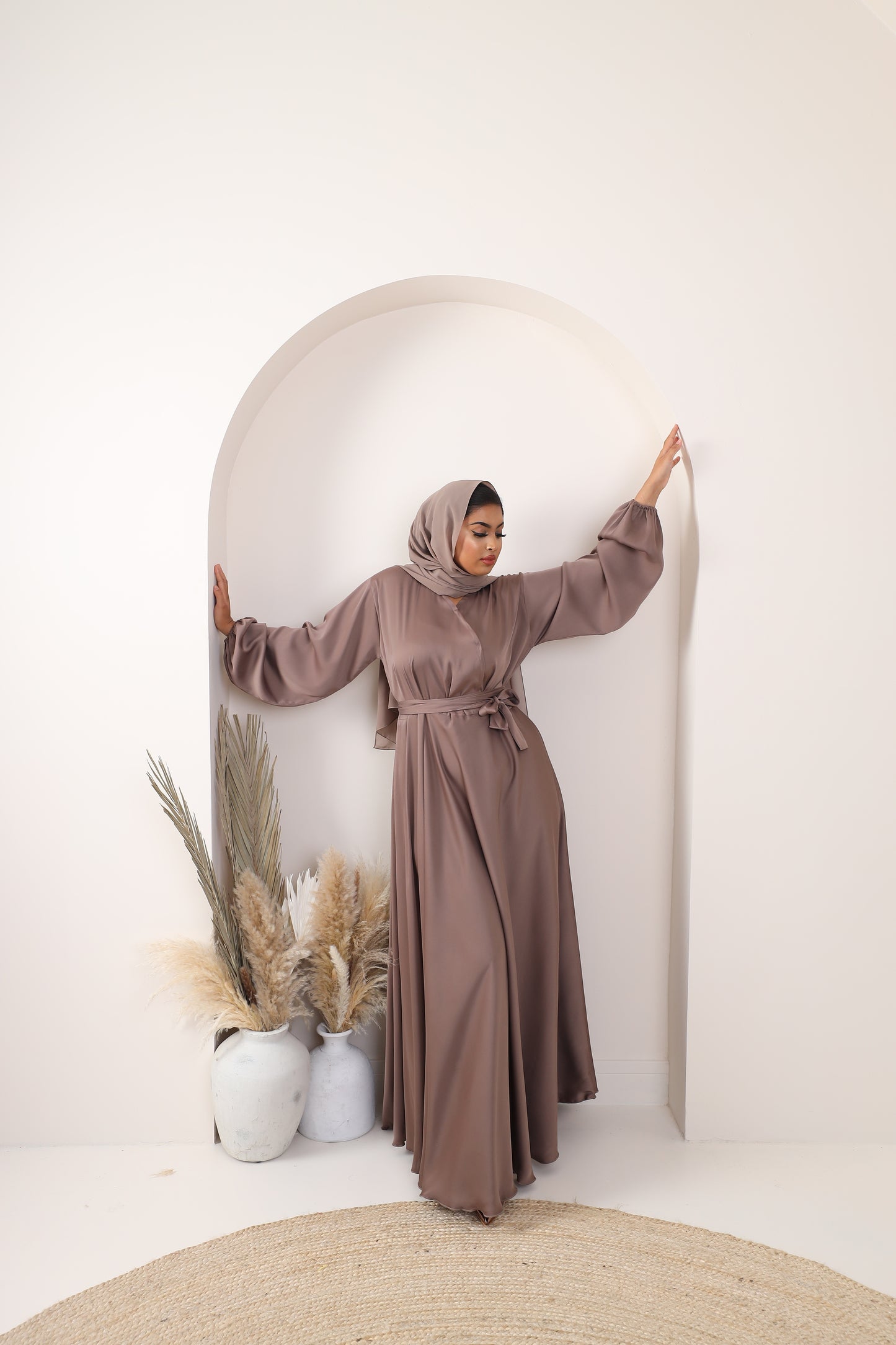 Amal Abaya Taupe in Fine Crinkle Satin