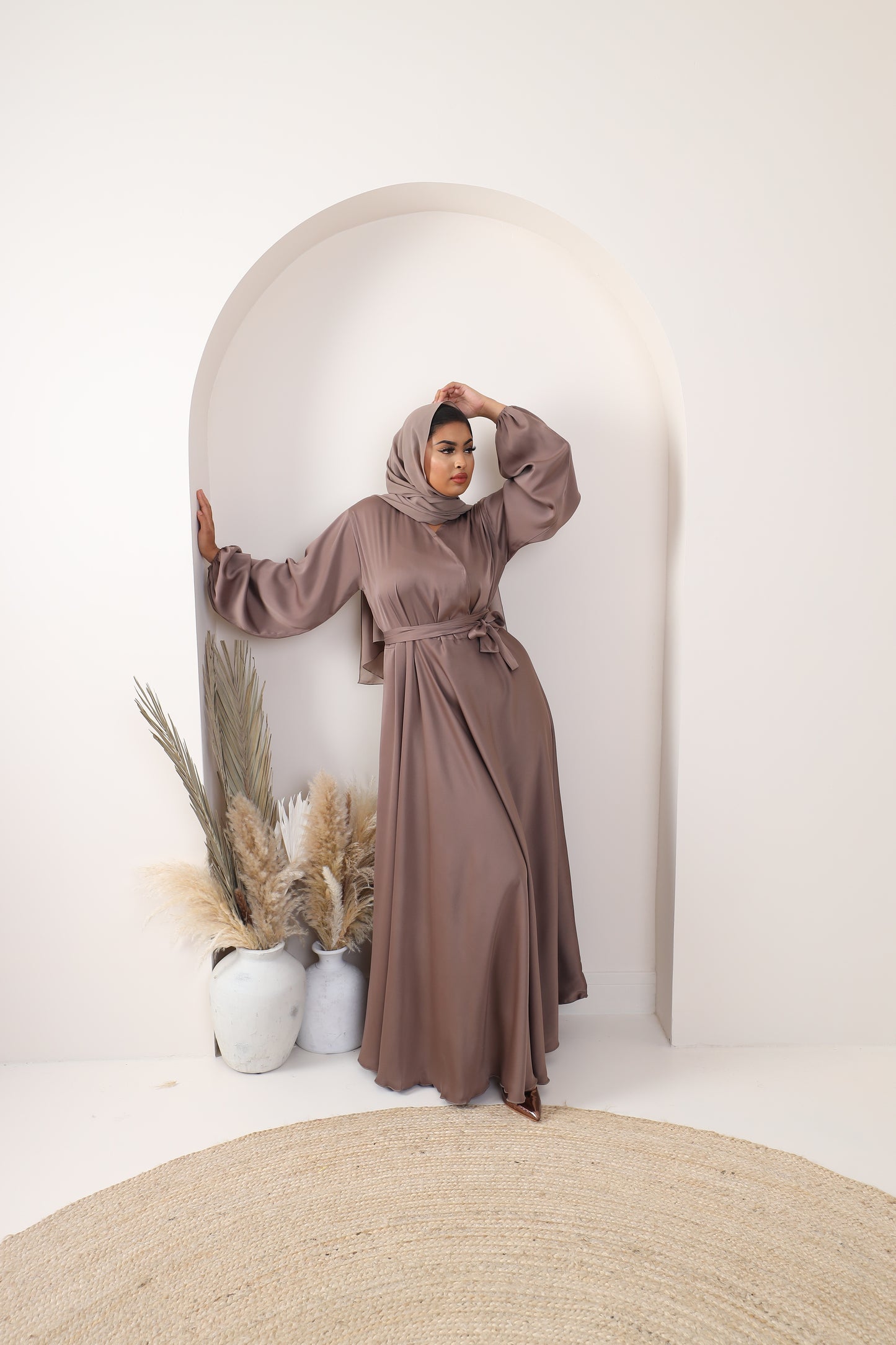 Amal Abaya Taupe in Fine Crinkle Satin