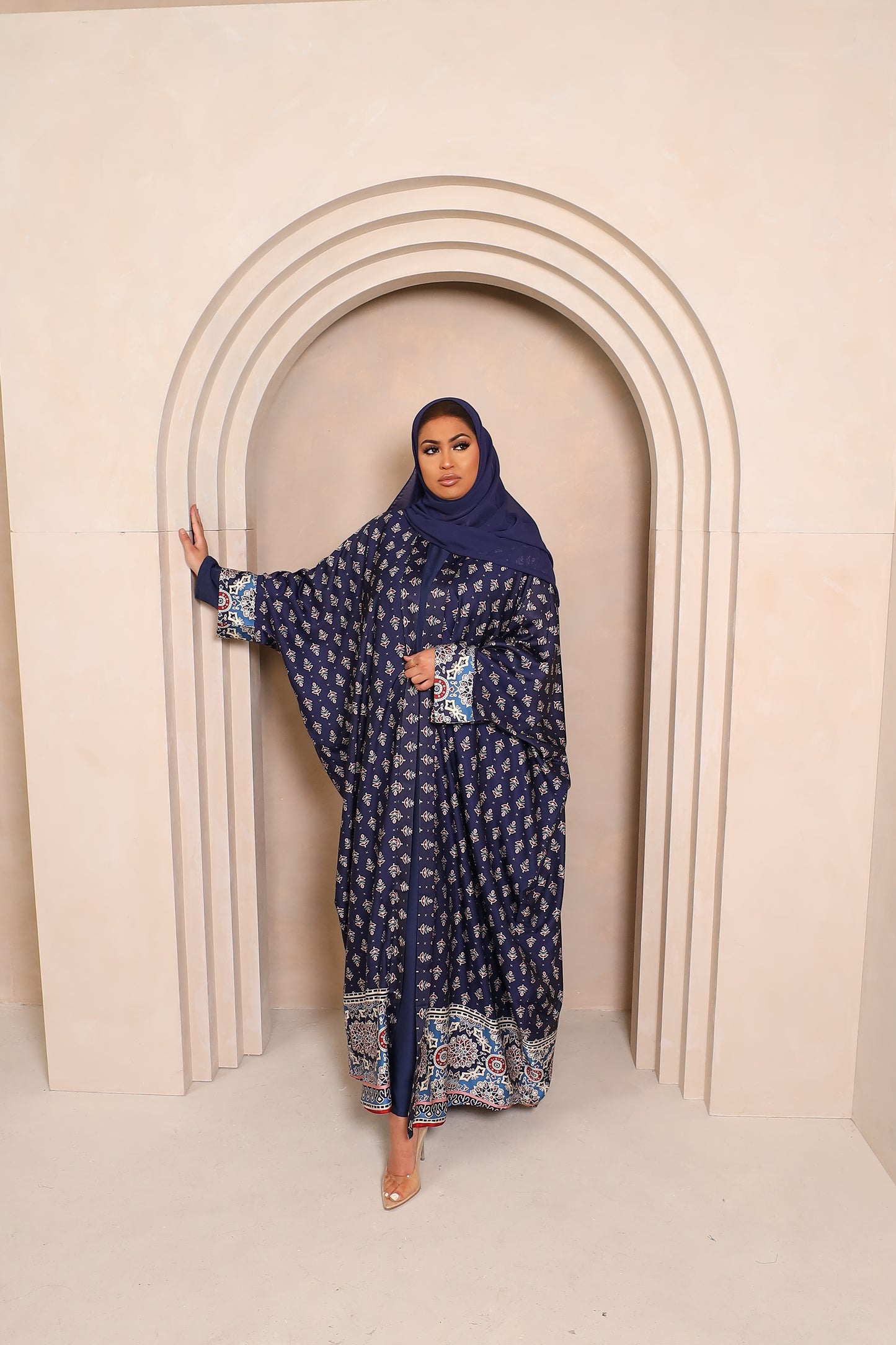 Zahra Indian floral Farasha Open Jacket Abaya with Navy Inner -  4 piece set
