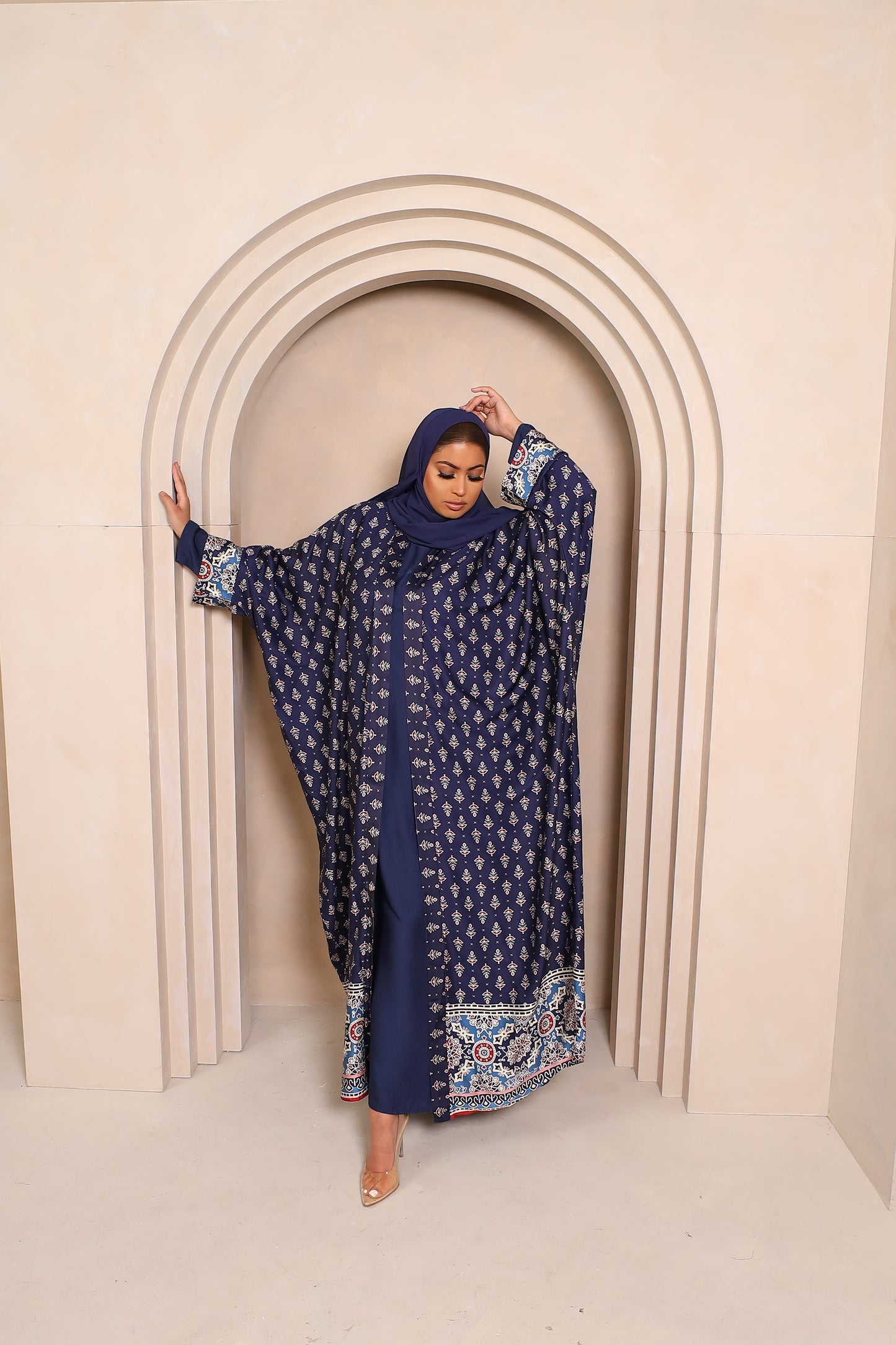 Zahra Indian floral Farasha Open Jacket Abaya with Navy Inner -  4 piece set