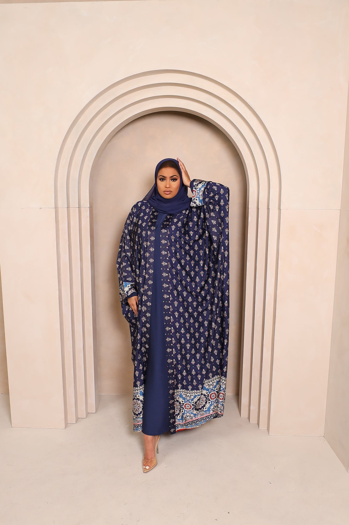 Zahra Indian floral Farasha Open Jacket Abaya with Navy Inner -  4 piece set