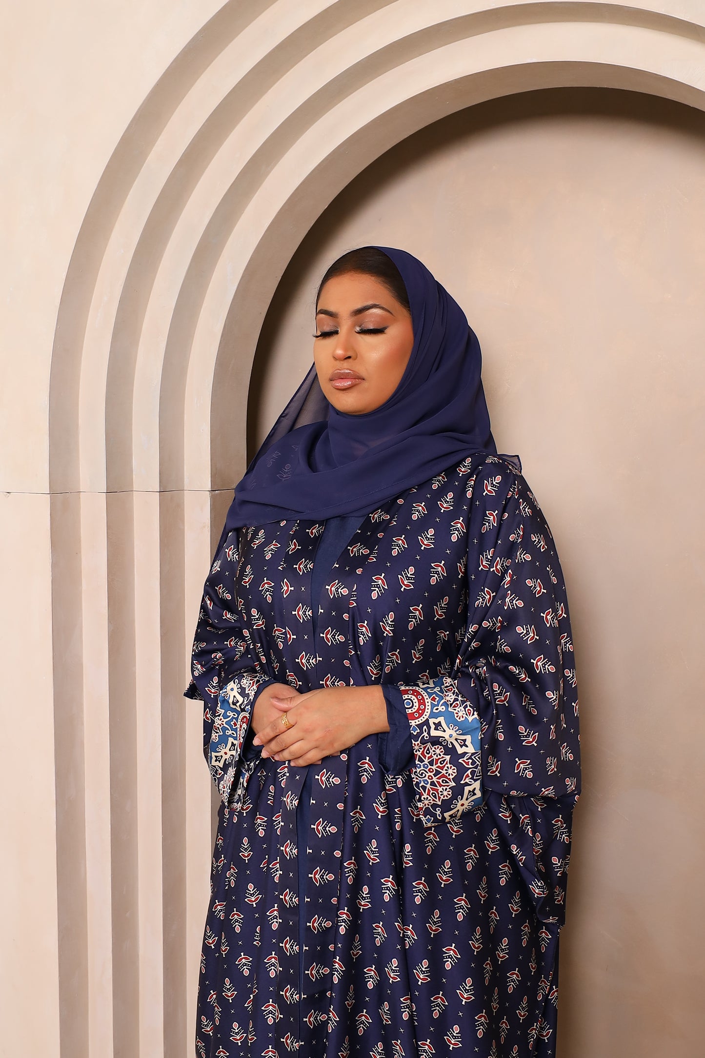 Zahra Indian floral Farasha Open Jacket Abaya with Navy Inner -  4 piece set