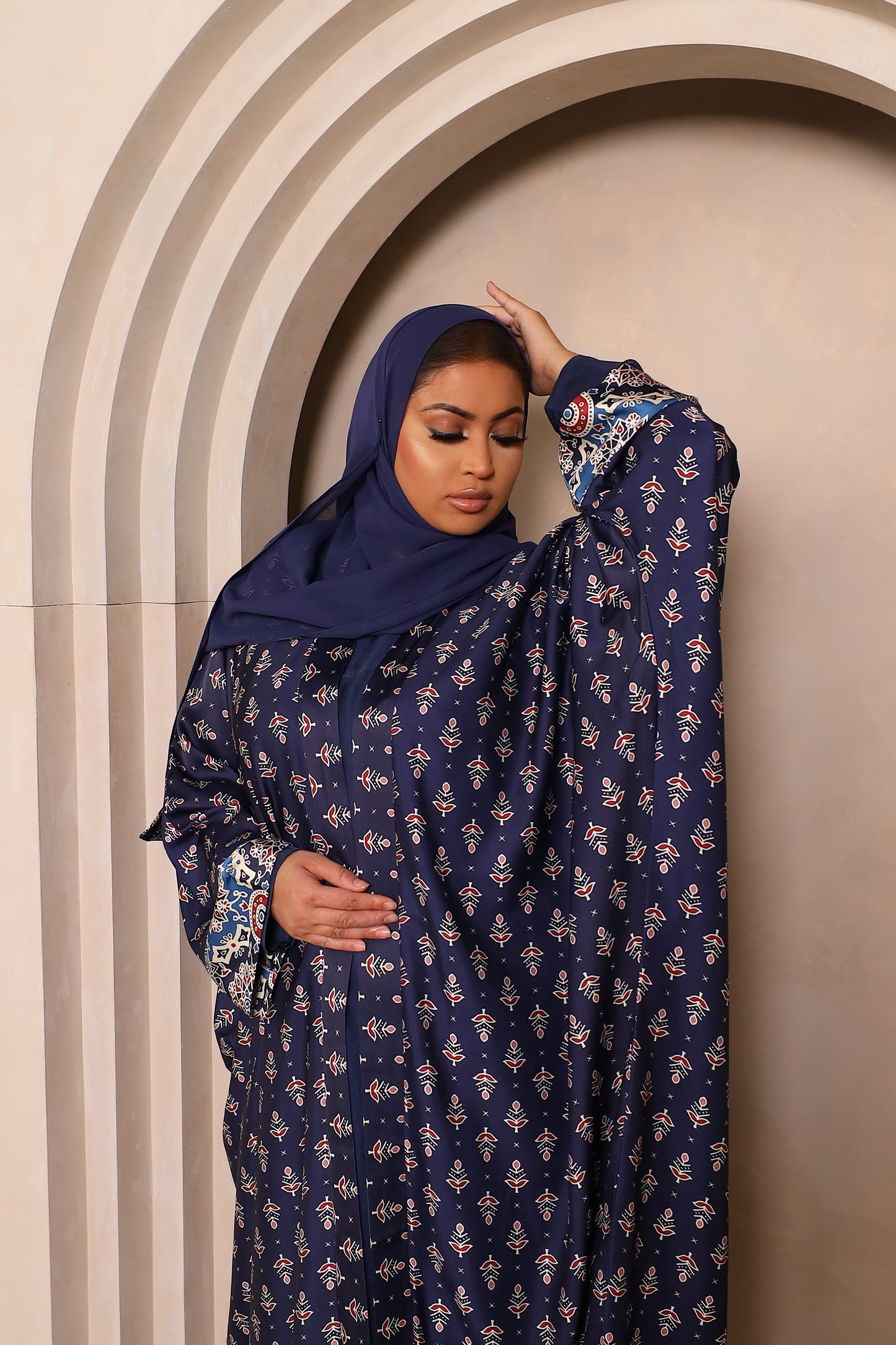 Zahra Indian floral Farasha Open Jacket Abaya with Navy Inner -  4 piece set