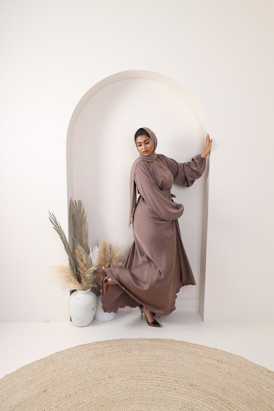 Amal Abaya Taupe in Fine Crinkle Satin