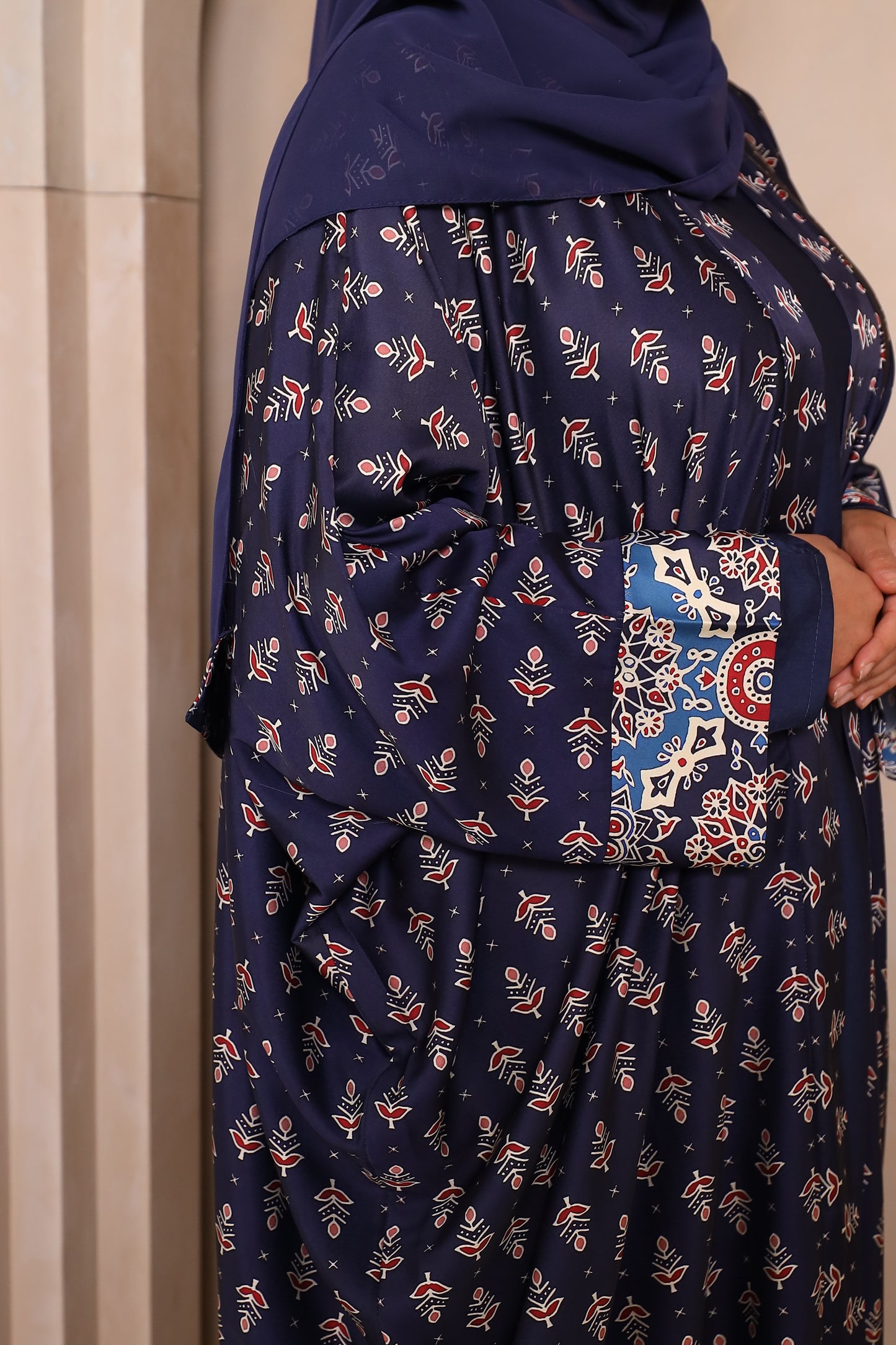 Zahra Indian floral Farasha Open Jacket Abaya with Navy Inner -  4 piece set