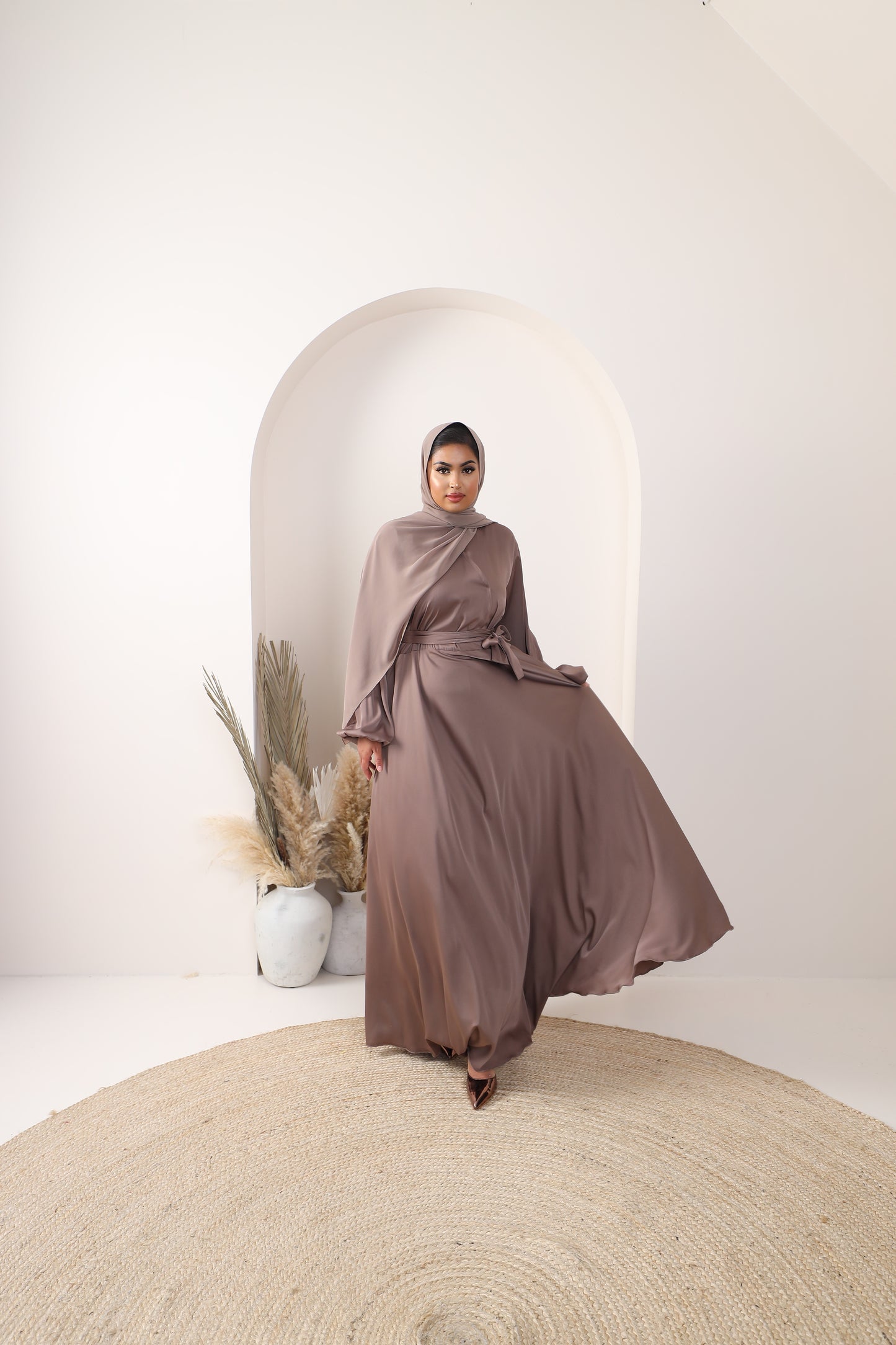 Amal Abaya Taupe in Fine Crinkle Satin