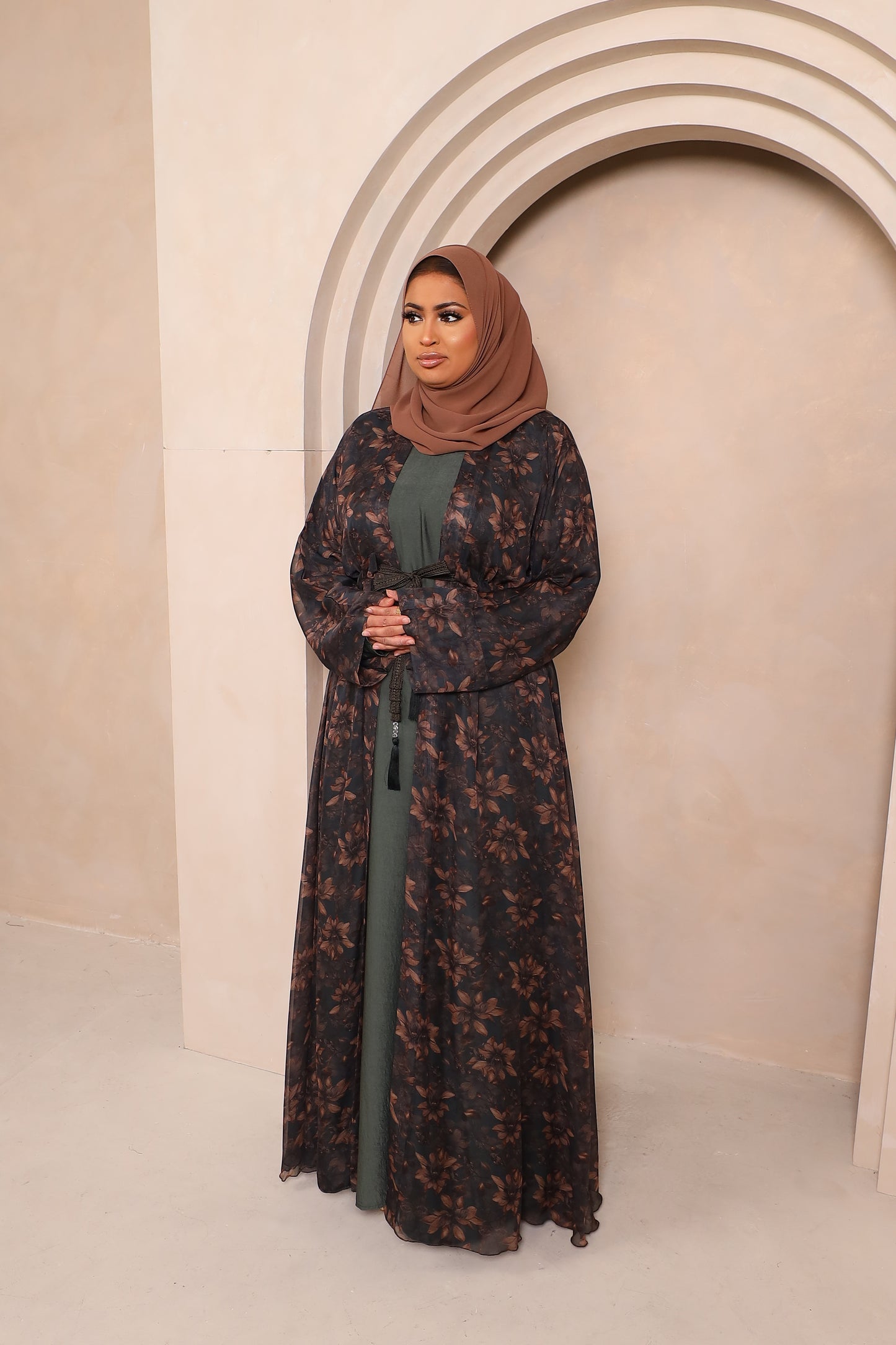 Reem Floral Chiffon Open Jacket Abaya with inner in Khaki Greens -  3 piece set