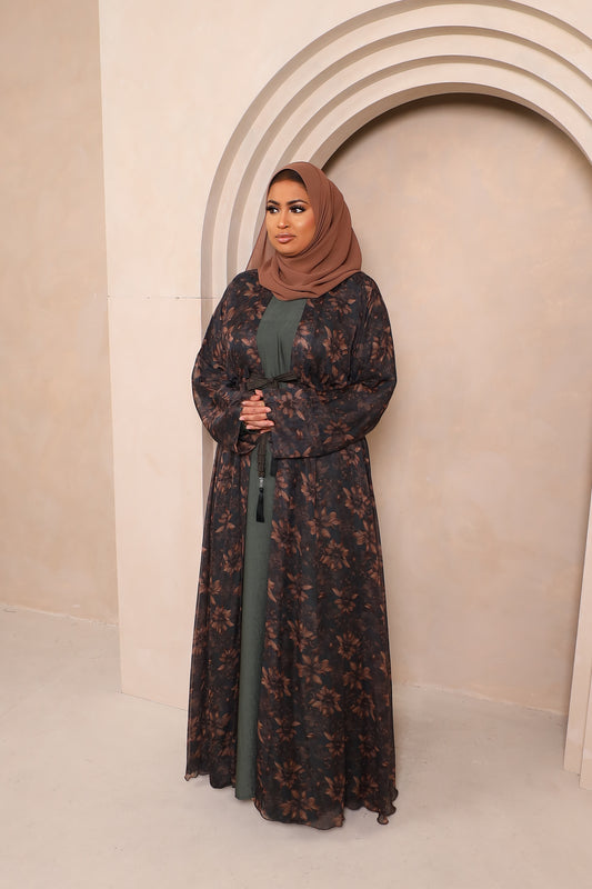 Reem Floral Chiffon Open Jacket Abaya with inner in Khaki Greens -  3 piece set