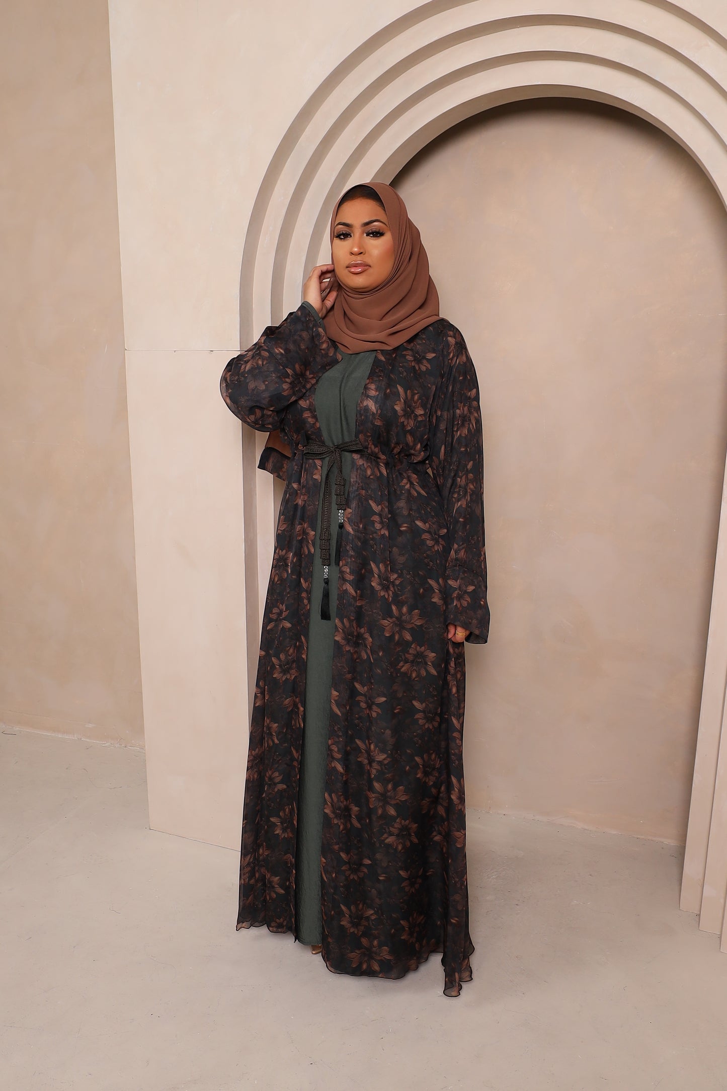 Reem Floral Chiffon Open Jacket Abaya with inner in Khaki Greens -  3 piece set