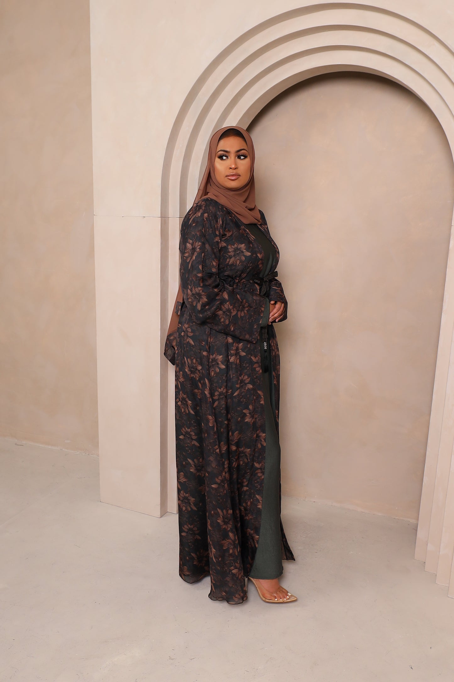 Reem Floral Chiffon Open Jacket Abaya with inner in Khaki Greens -  3 piece set