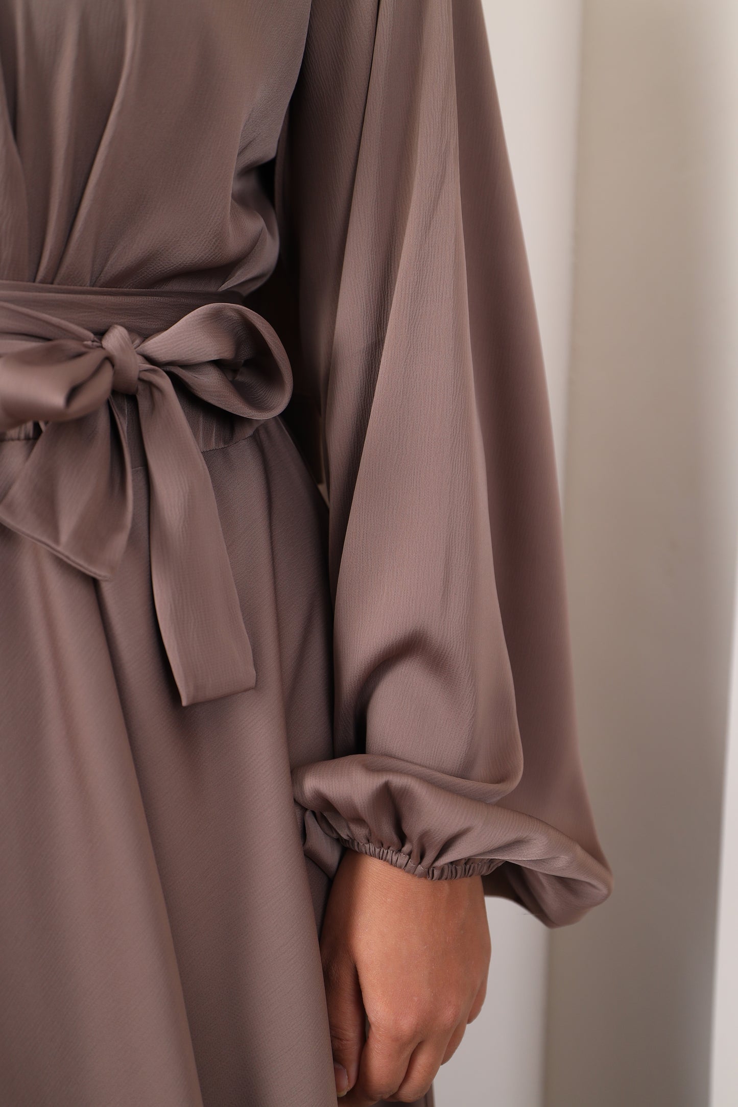 Amal Abaya Taupe in Fine Crinkle Satin