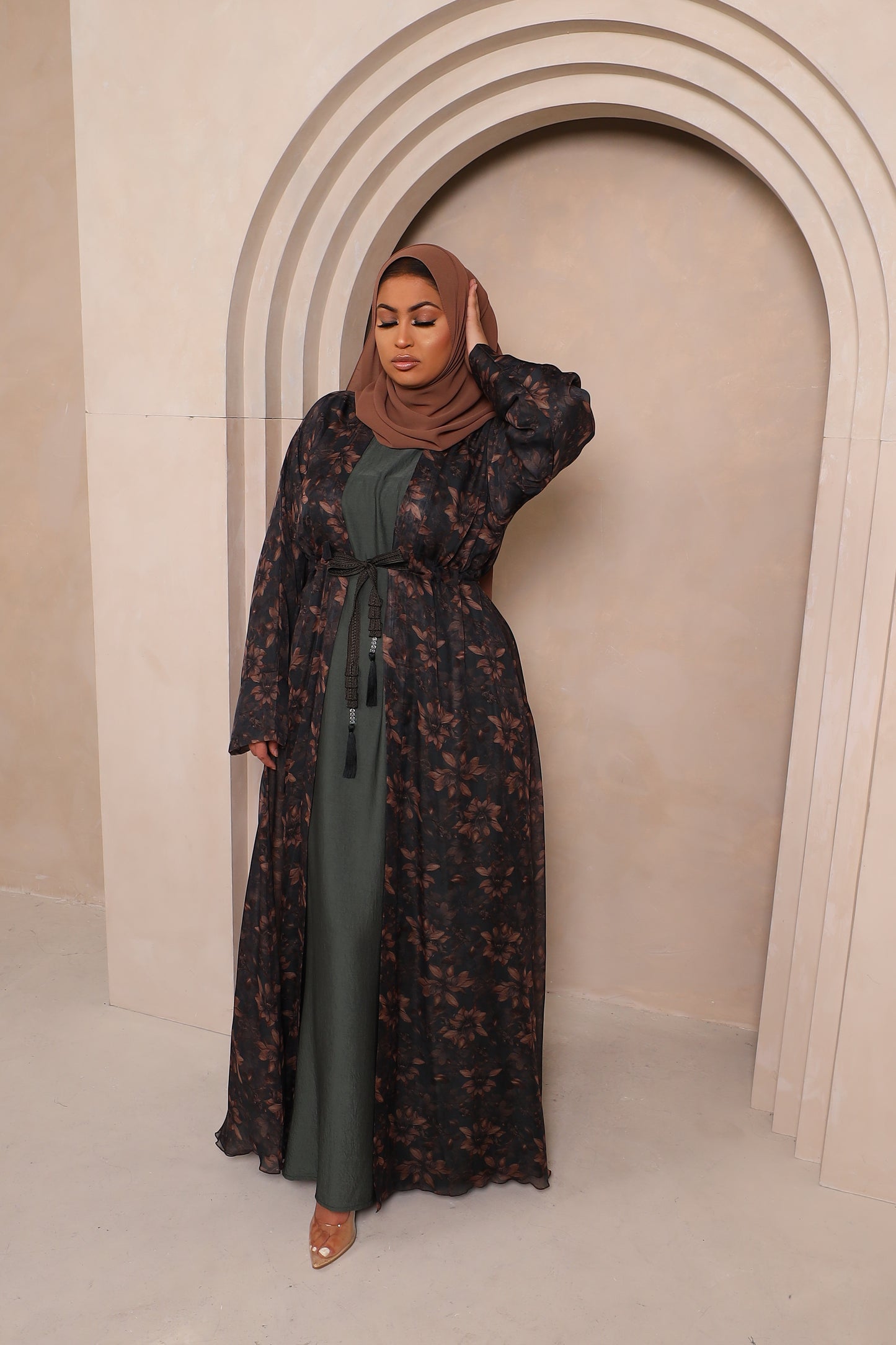 Reem Floral Chiffon Open Jacket Abaya with inner in Khaki Greens -  3 piece set