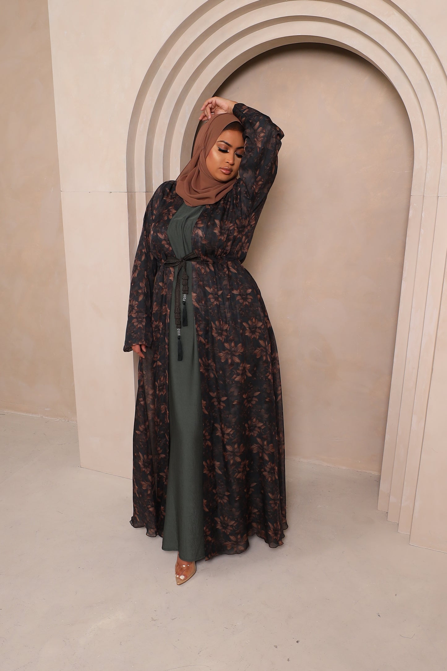 Reem Floral Chiffon Open Jacket Abaya with inner in Khaki Greens -  3 piece set