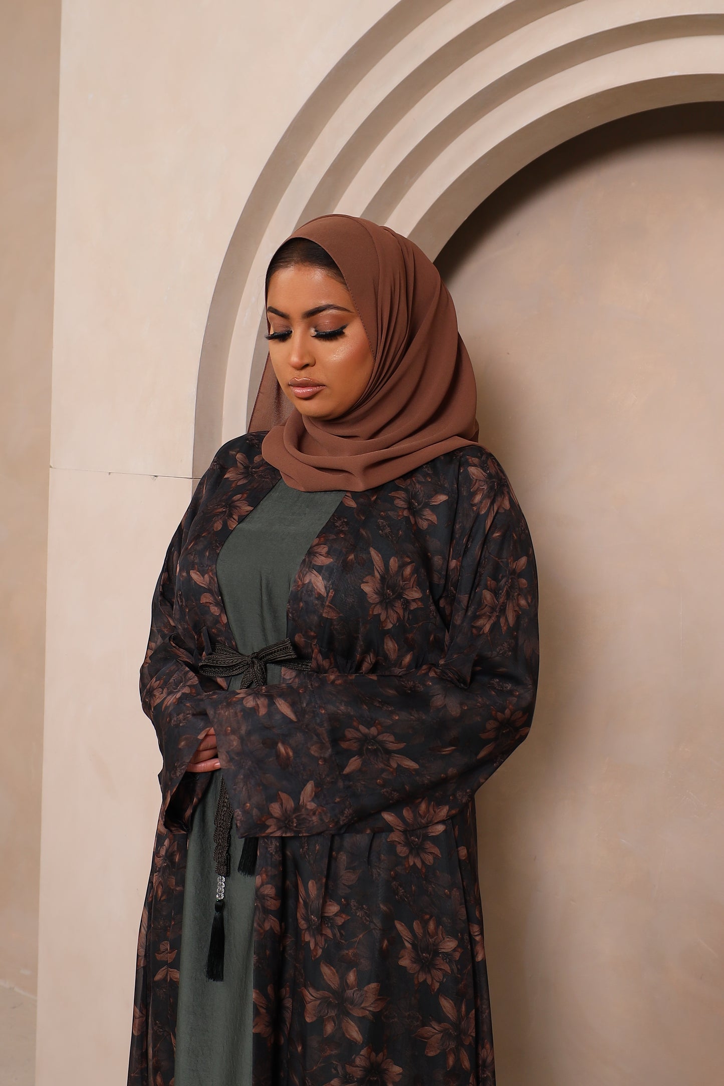Reem Floral Chiffon Open Jacket Abaya with inner in Khaki Greens -  3 piece set