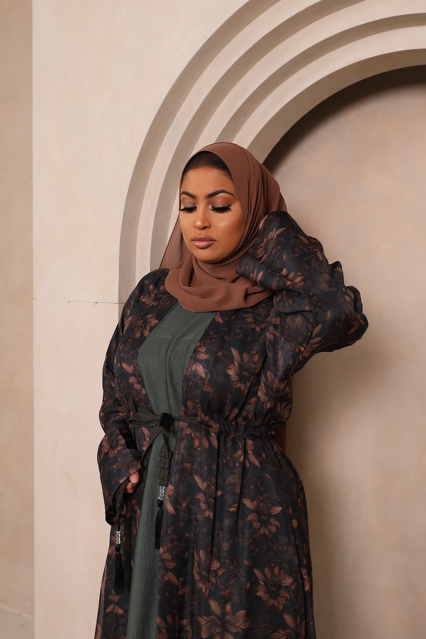 Reem Floral Chiffon Open Jacket Abaya with inner in Khaki Greens -  3 piece set