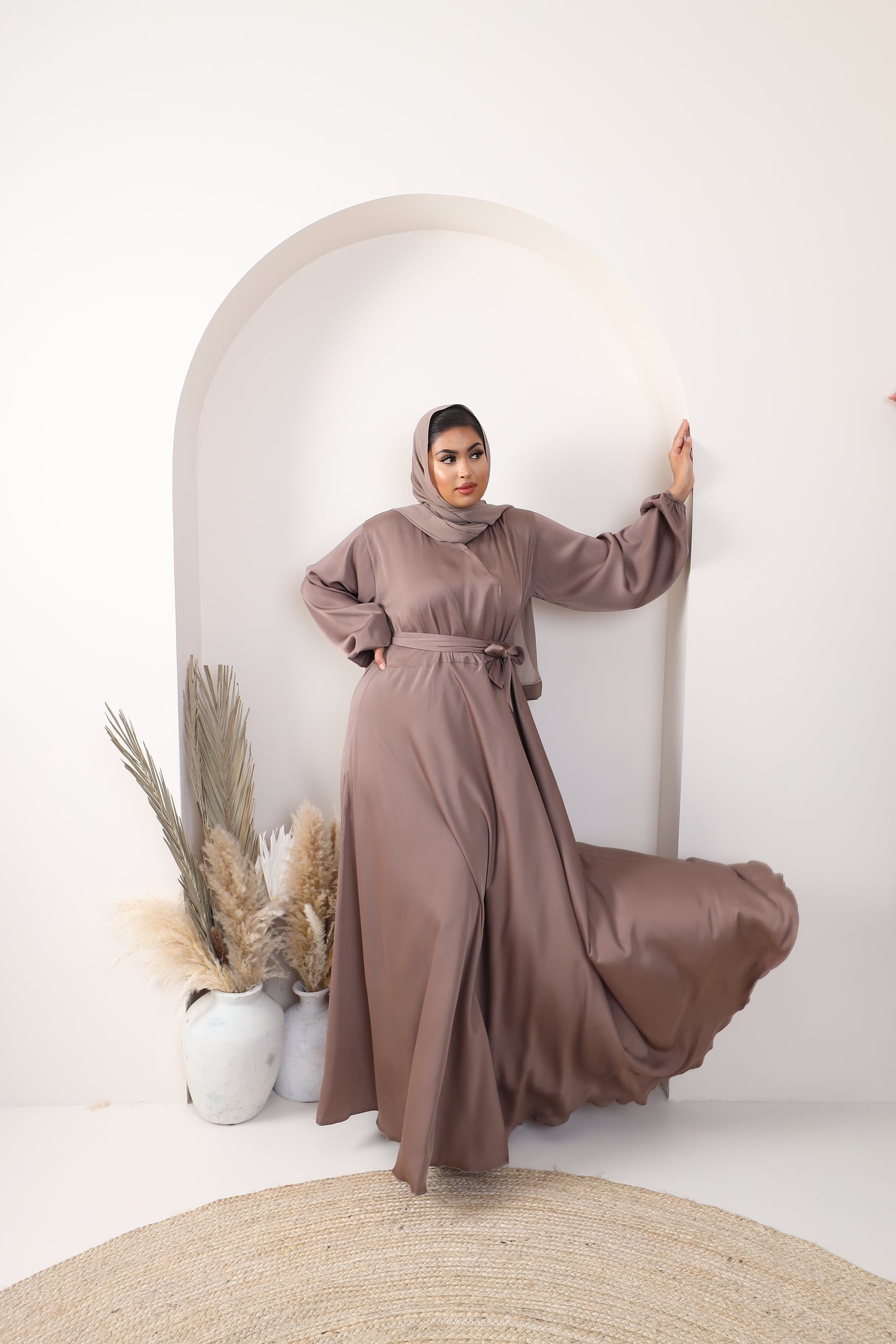 Amal Abaya Taupe in Fine Crinkle Satin