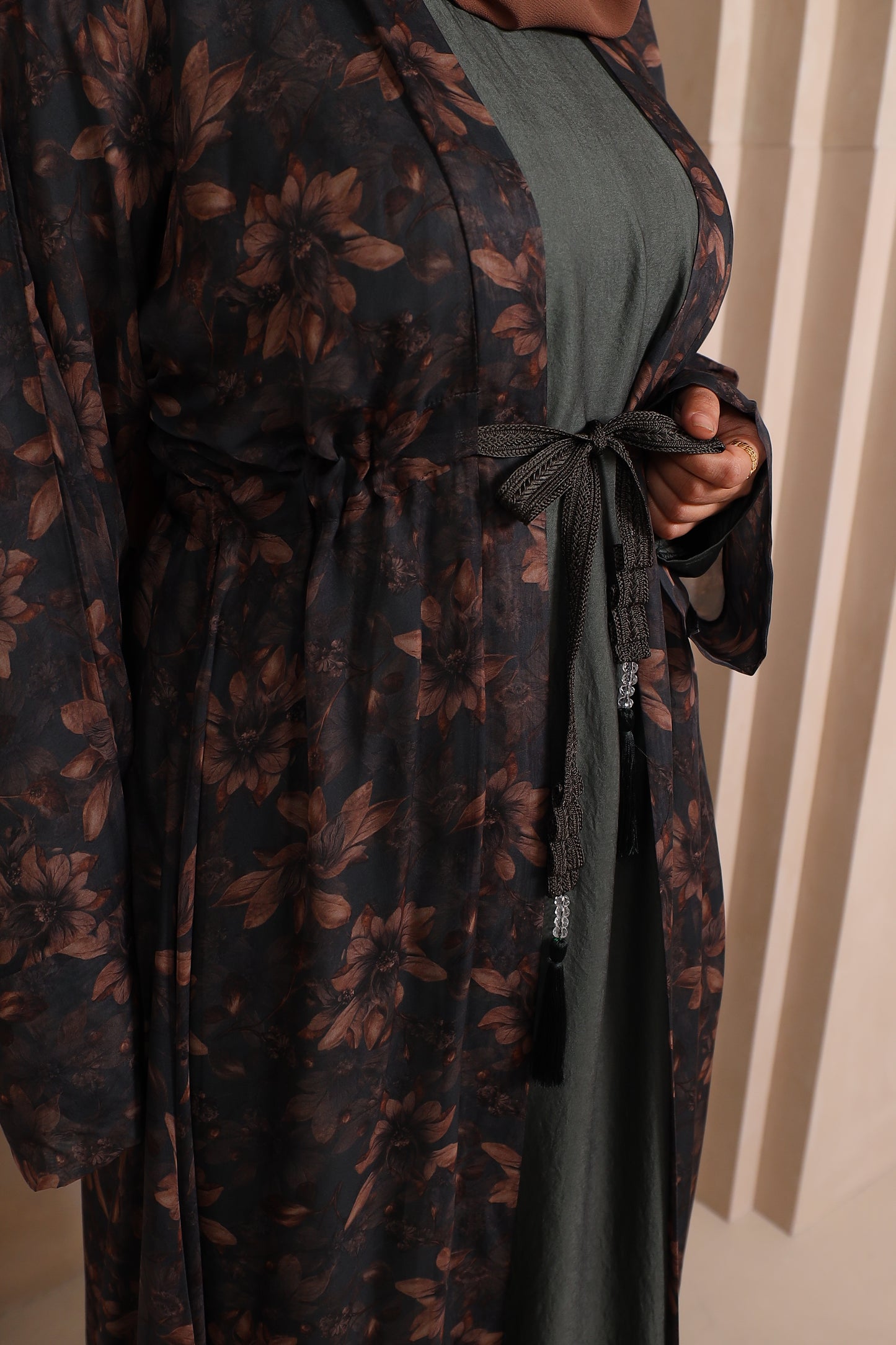 Reem Floral Chiffon Open Jacket Abaya with inner in Khaki Greens -  3 piece set