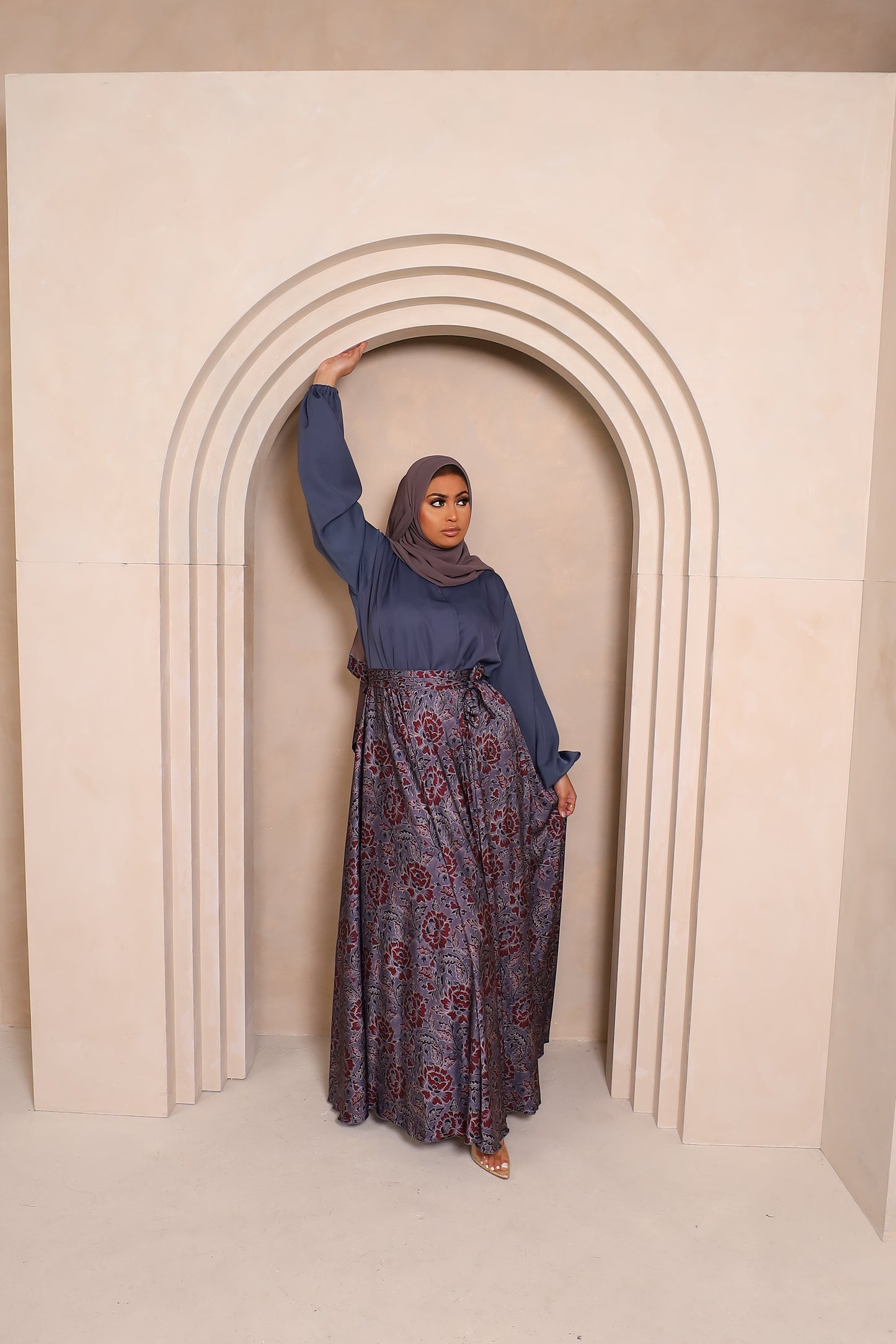 Amal flared Abaya in Grey Nida and a Floral prints