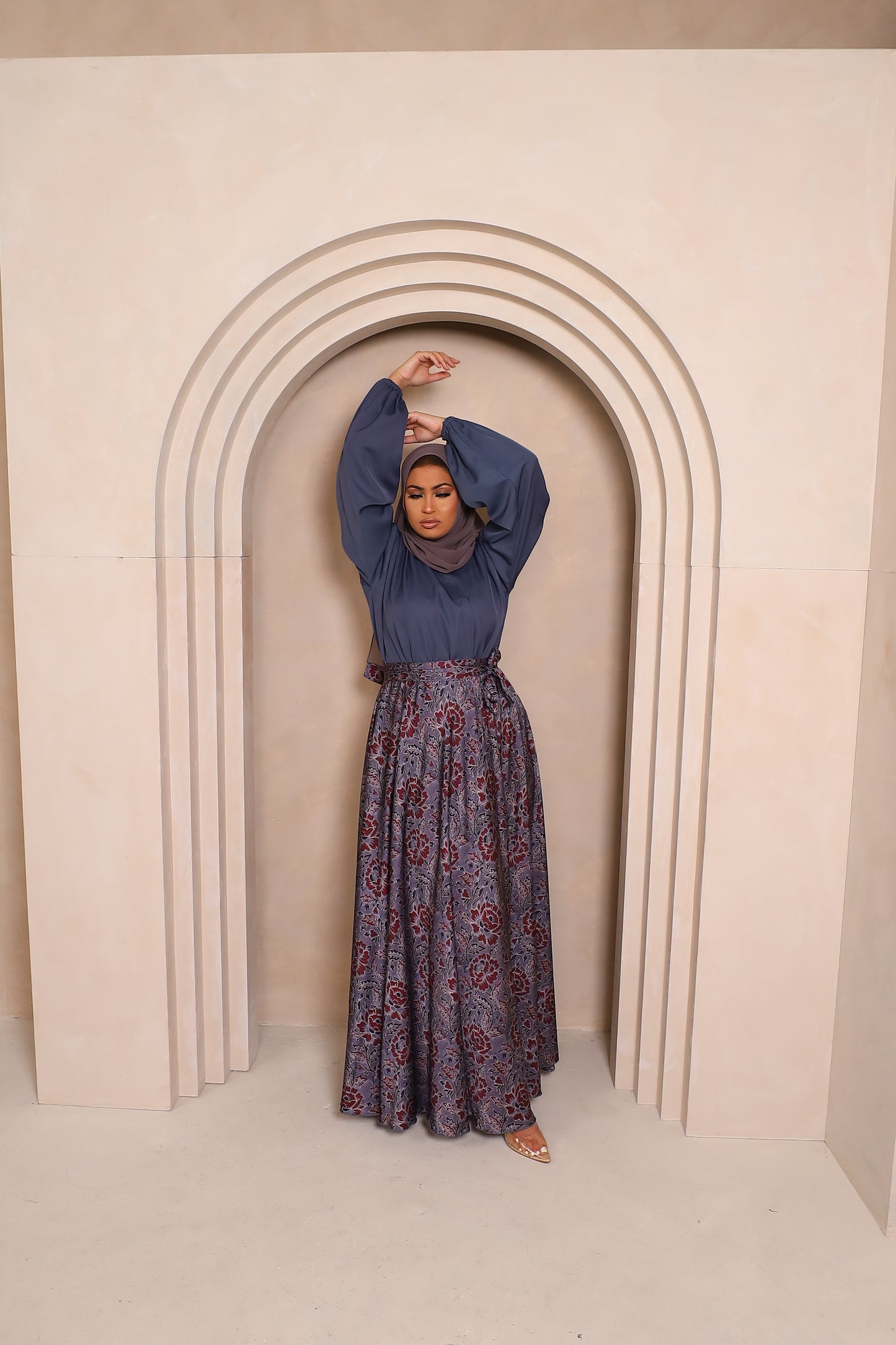 Amal flared Abaya in Grey Nida and a Floral prints