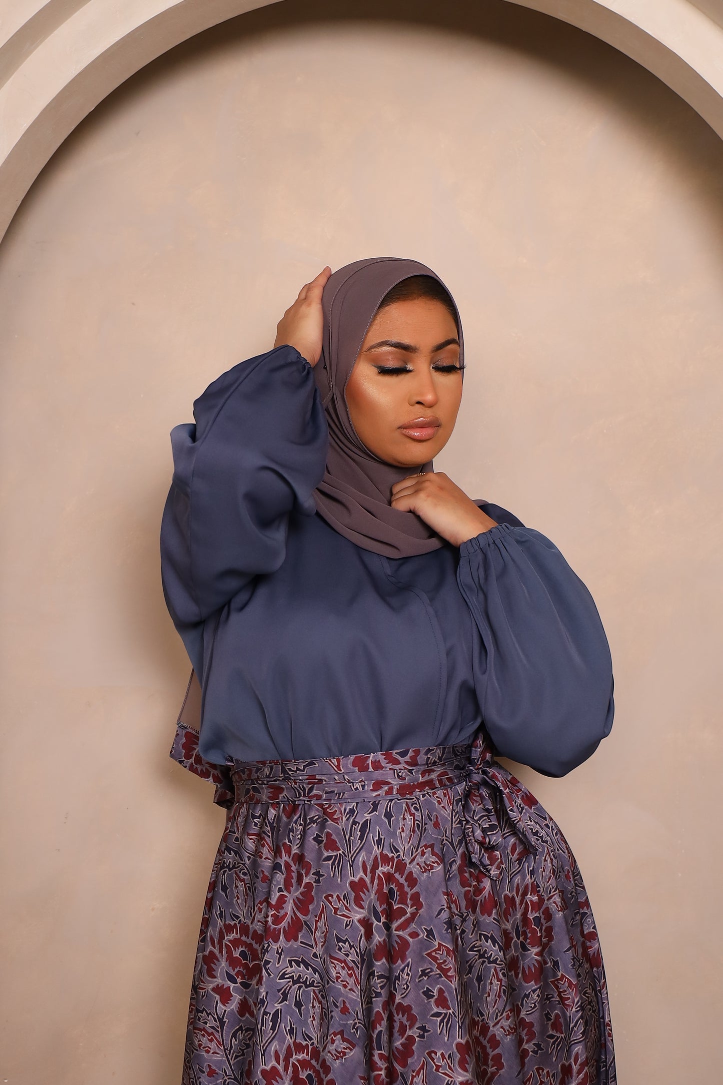 Amal flared Abaya in Grey Nida and a Floral prints