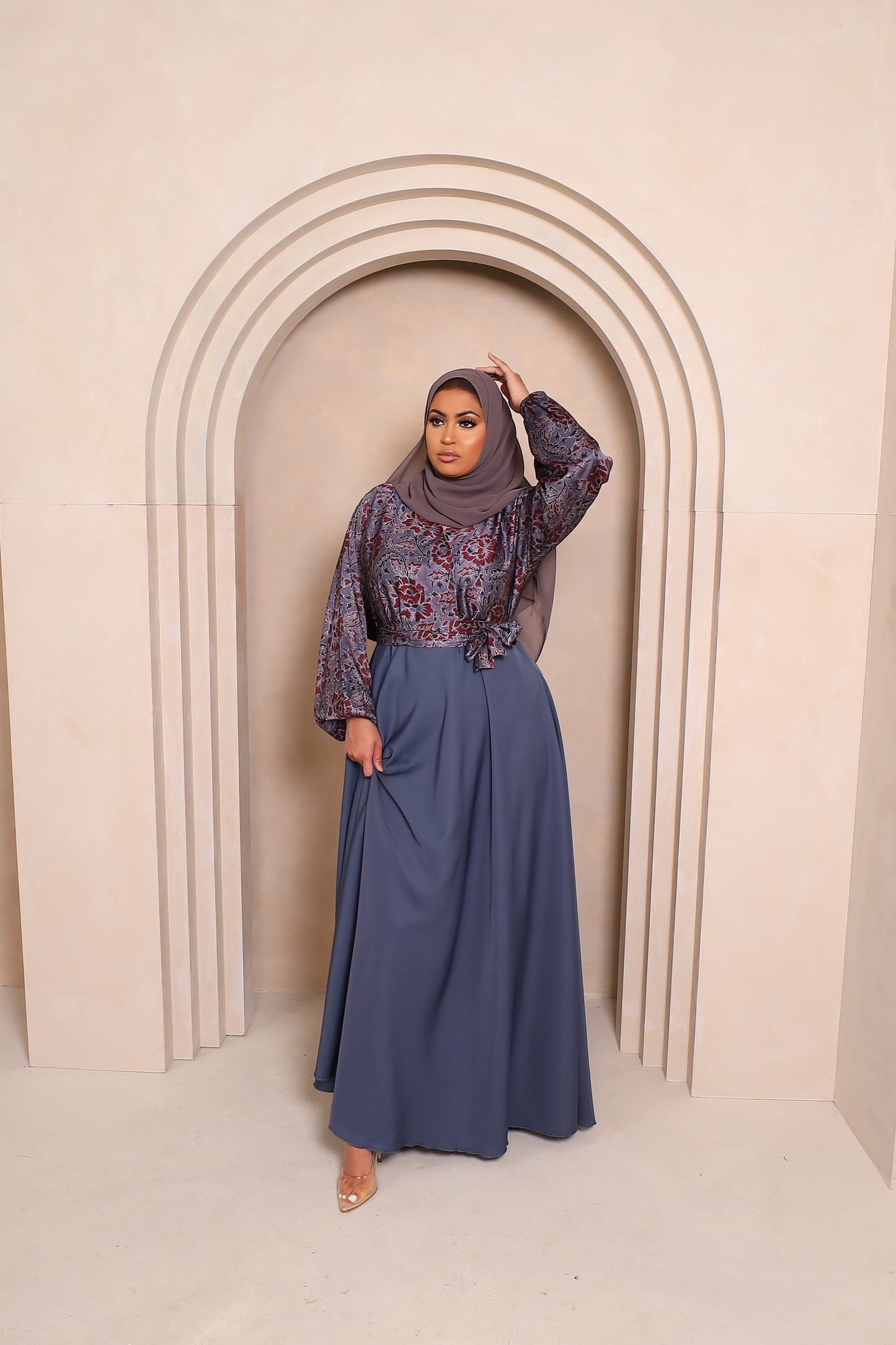 Amal flared Abaya in a Floral Printed Blouse & Grey Nida Skirt