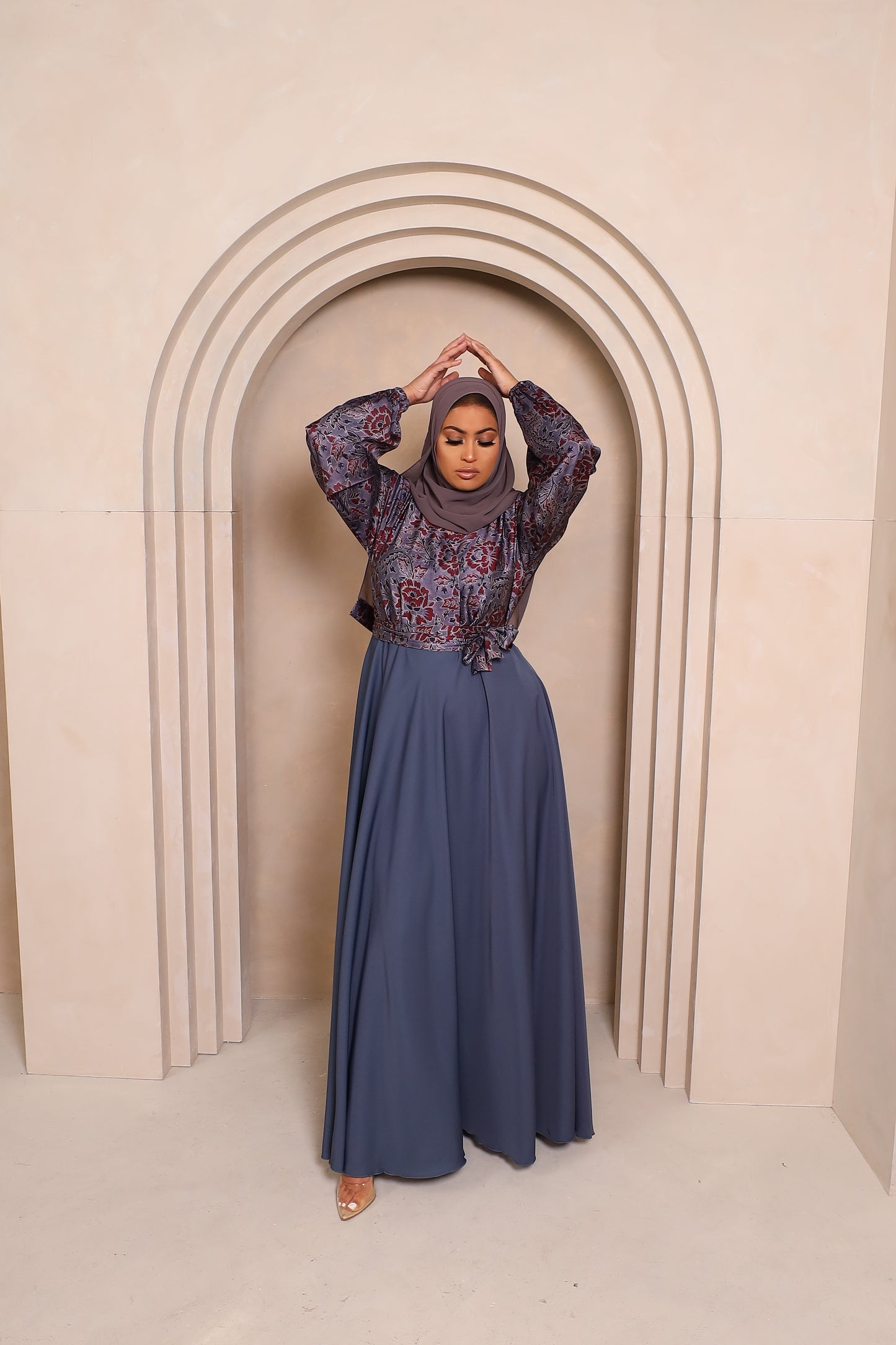 Amal flared Abaya in a Floral Printed Blouse & Grey Nida Skirt