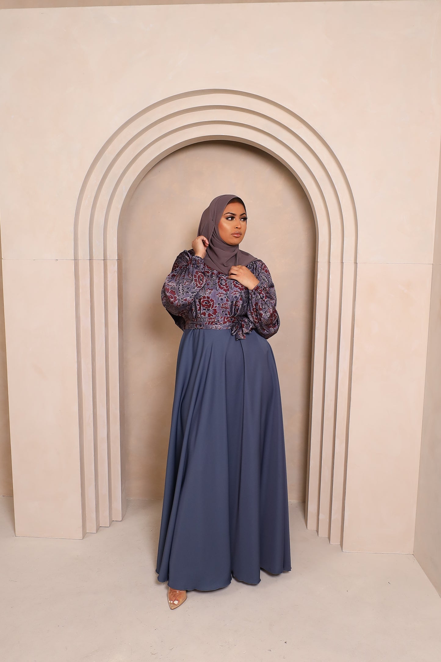 Amal flared Abaya in a Floral Printed Blouse & Grey Nida Skirt