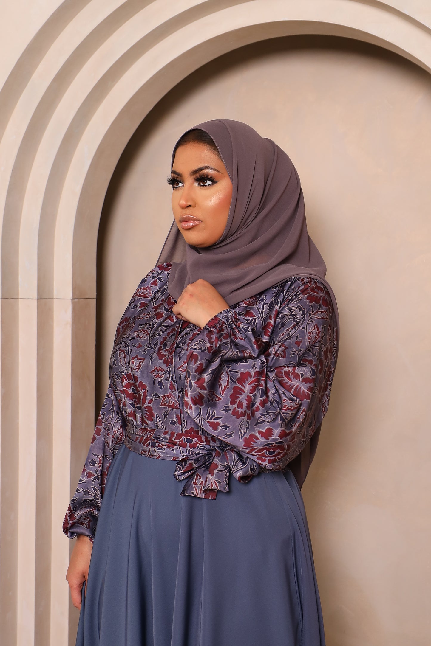 Amal flared Abaya in a Floral Printed Blouse & Grey Nida Skirt