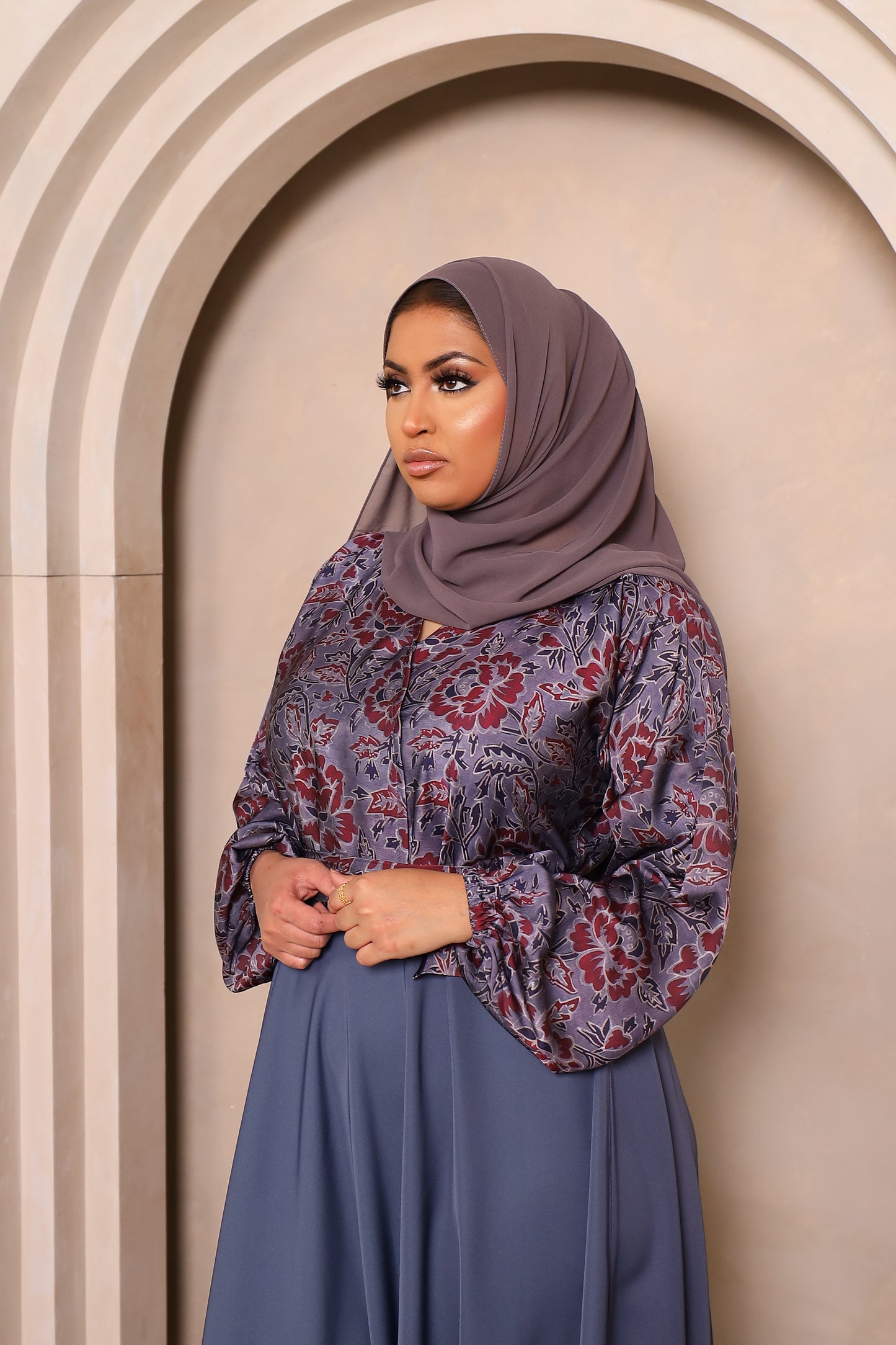 Amal flared Abaya in a Floral Printed Blouse & Grey Nida Skirt