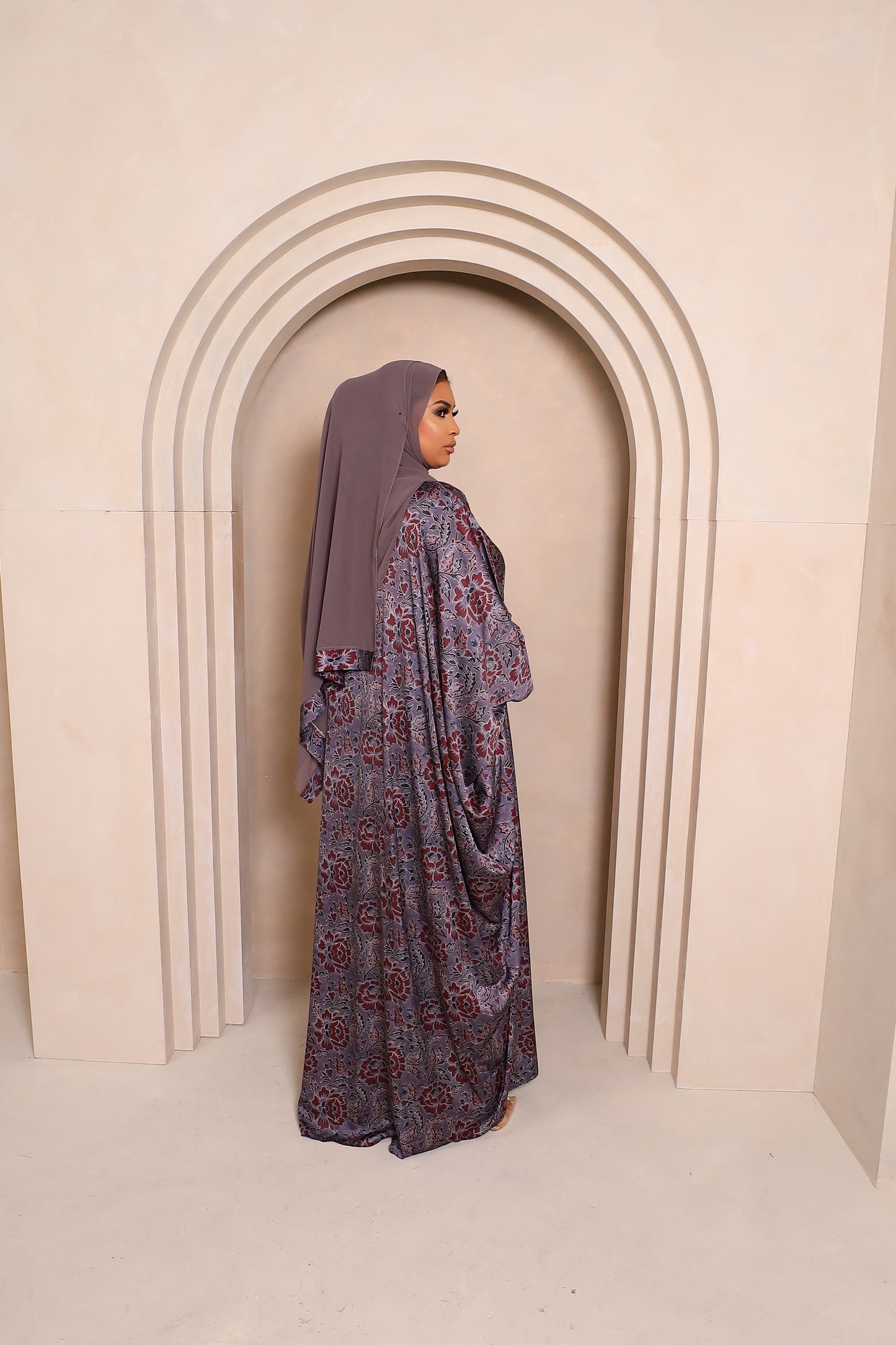 Zahra Floral Farasha Open Jacket Abaya with Grey Inner -  4 piece set
