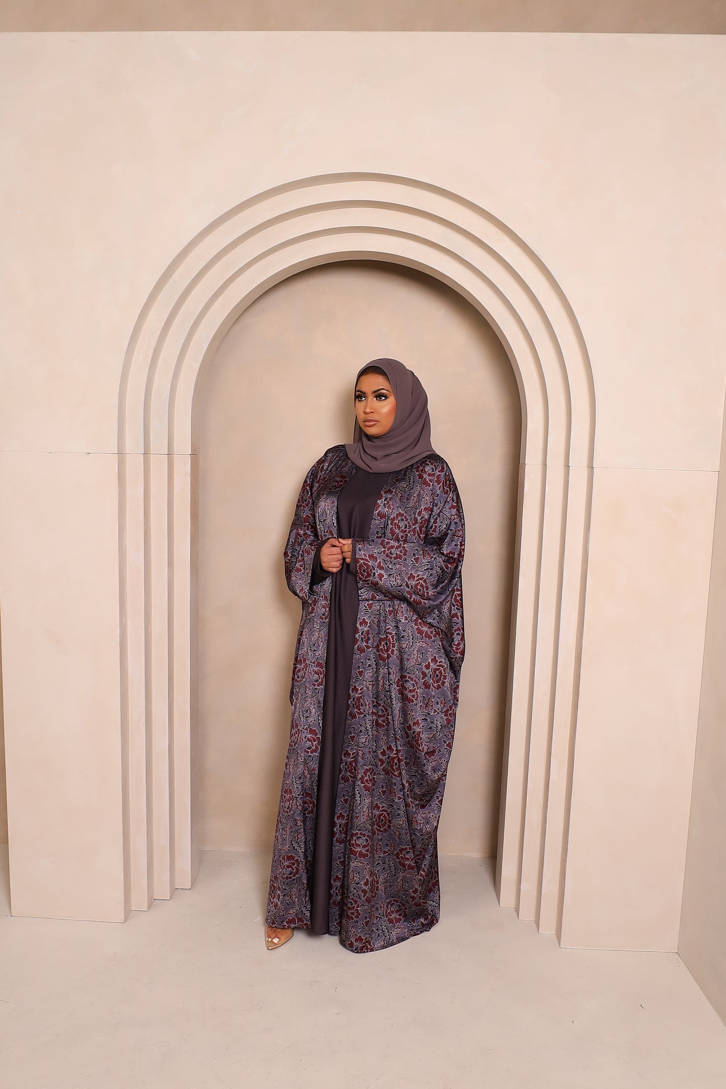 Zahra Floral Farasha Open Jacket Abaya with Grey Inner -  4 piece set