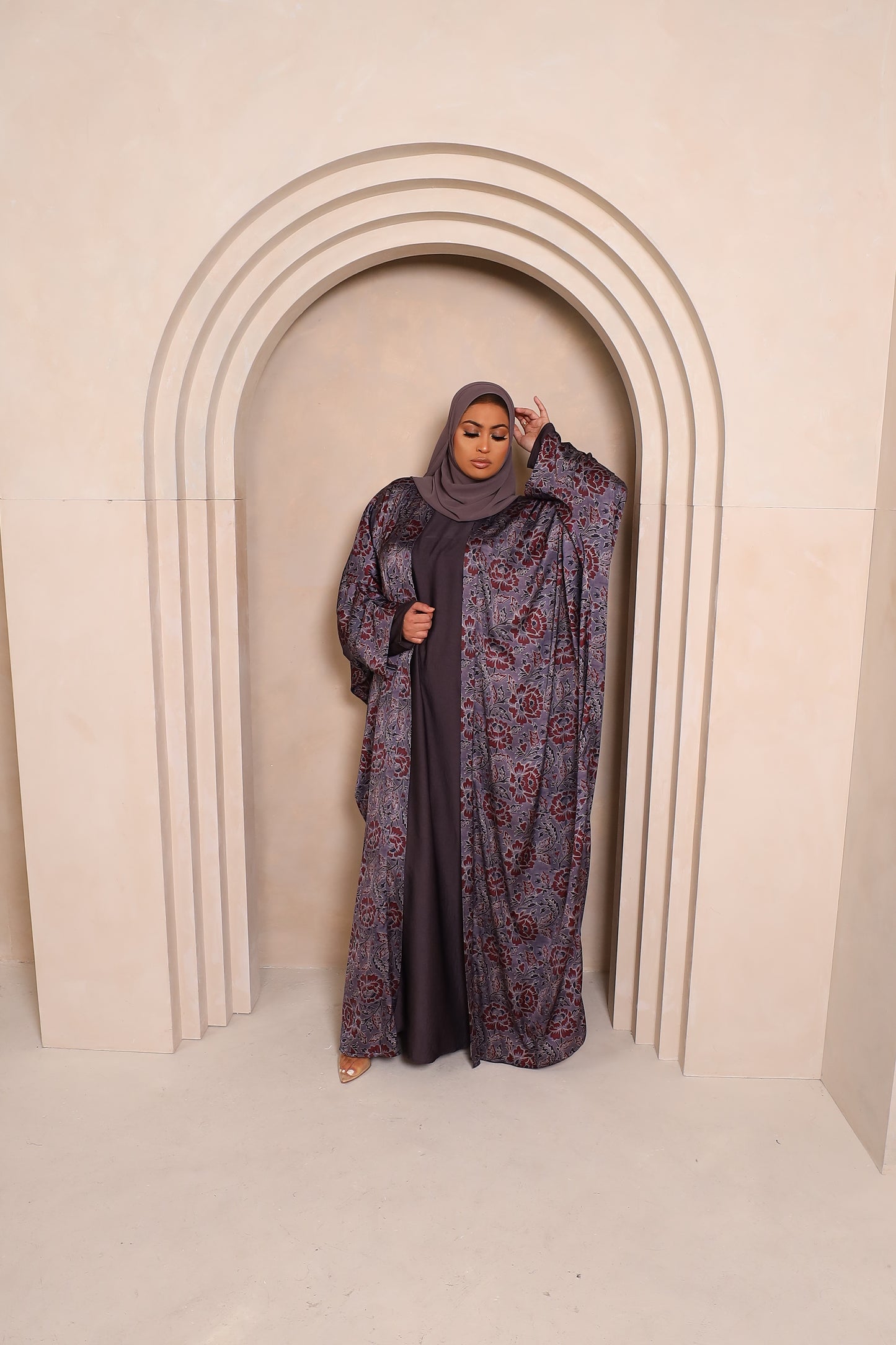 Zahra Floral Farasha Open Jacket Abaya with Grey Inner -  4 piece set