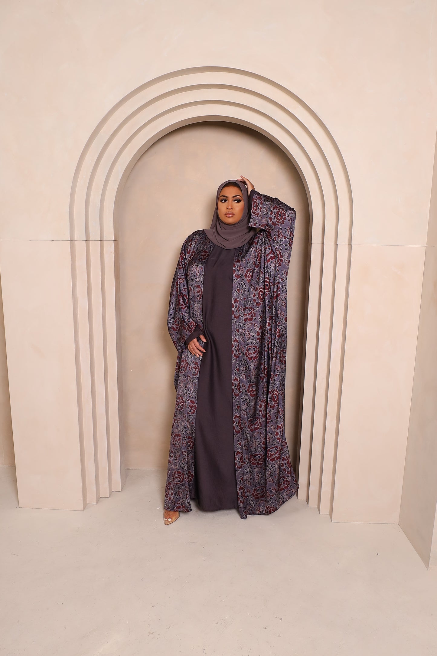 Zahra Floral Farasha Open Jacket Abaya with Grey Inner -  4 piece set