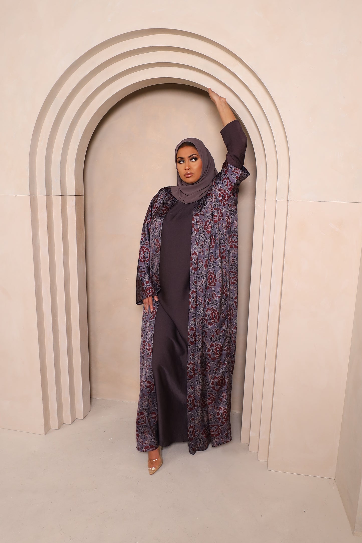 Zahra Floral Farasha Open Jacket Abaya with Grey Inner -  4 piece set