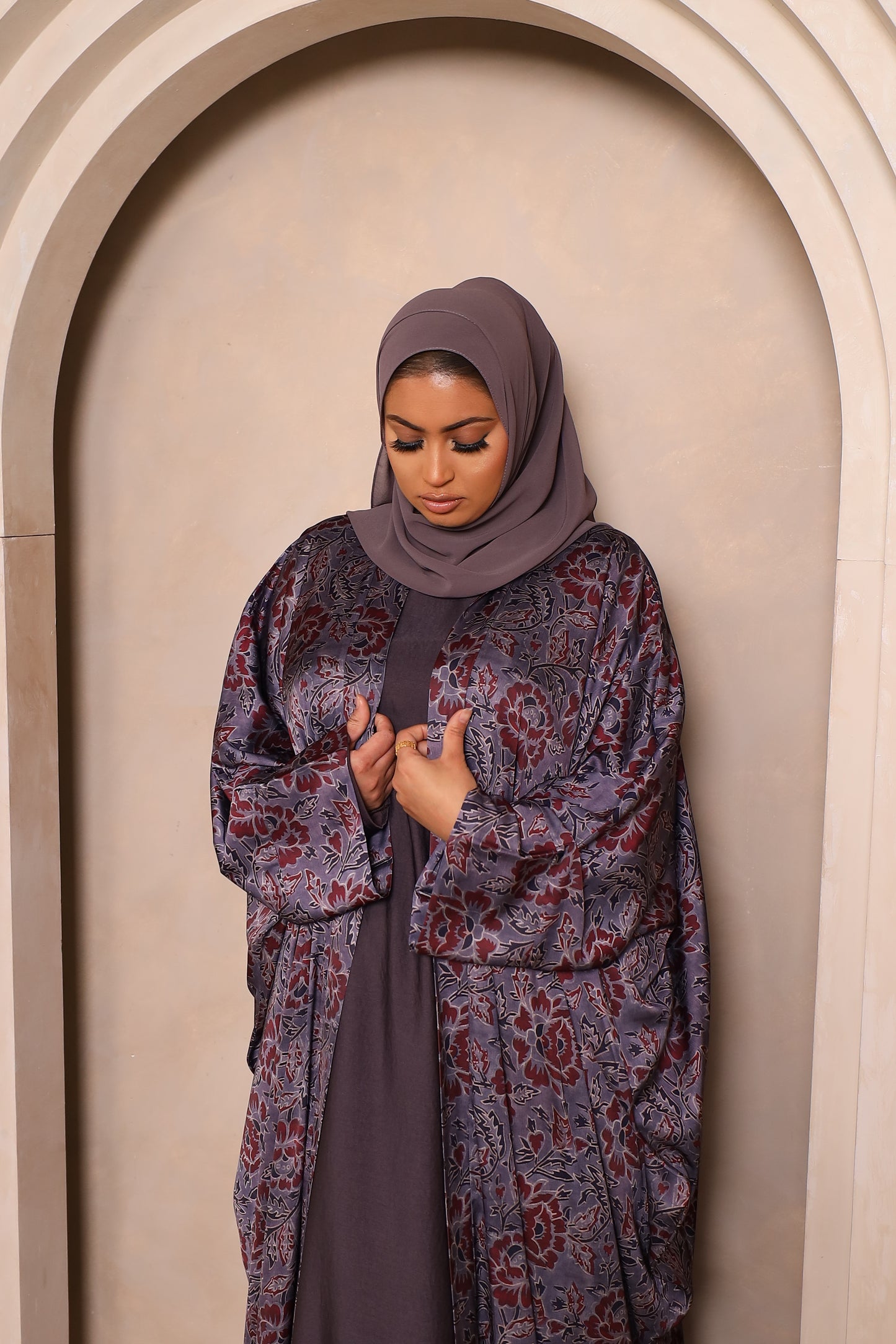 Zahra Floral Farasha Open Jacket Abaya with Grey Inner -  4 piece set