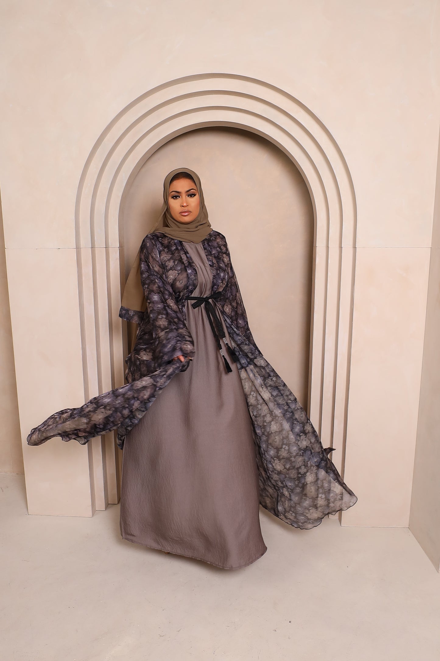 Reem Floral Chiffon Open Jacket Abaya with inner in Khaki Grey -  3 piece set
