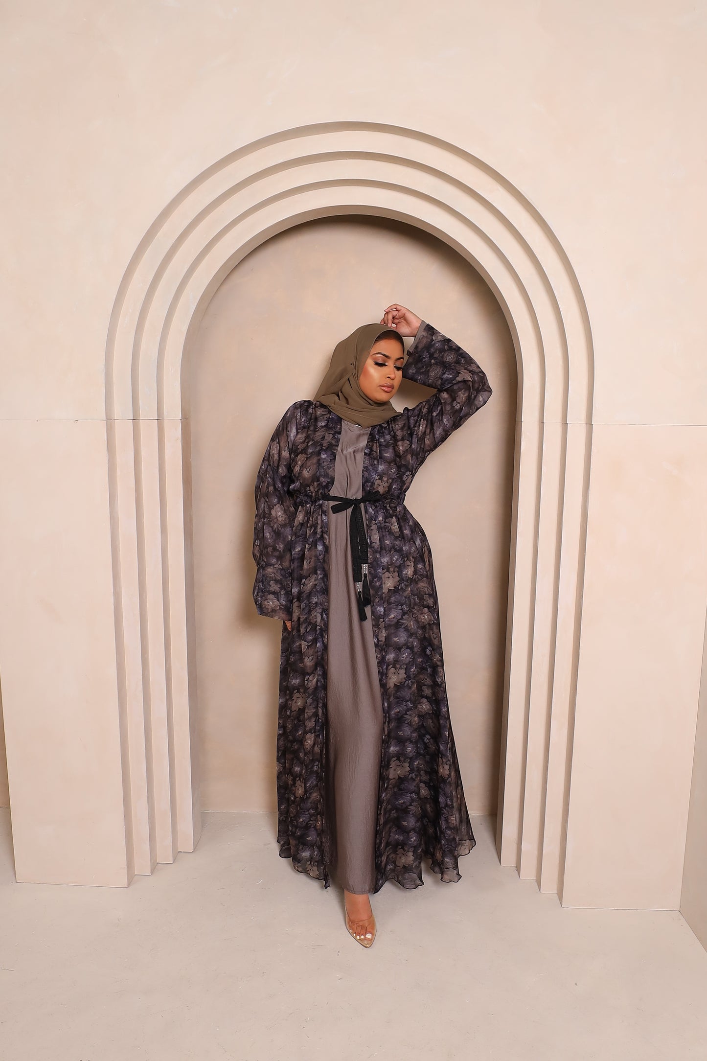 Reem Floral Chiffon Open Jacket Abaya with inner in Khaki Grey -  3 piece set