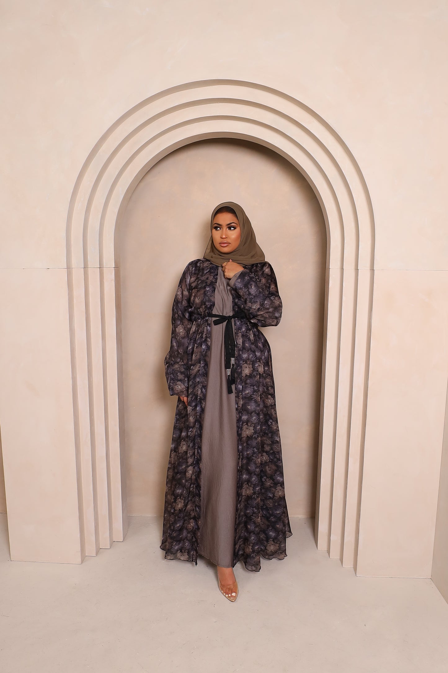 Reem Floral Chiffon Open Jacket Abaya with inner in Khaki Grey -  3 piece set