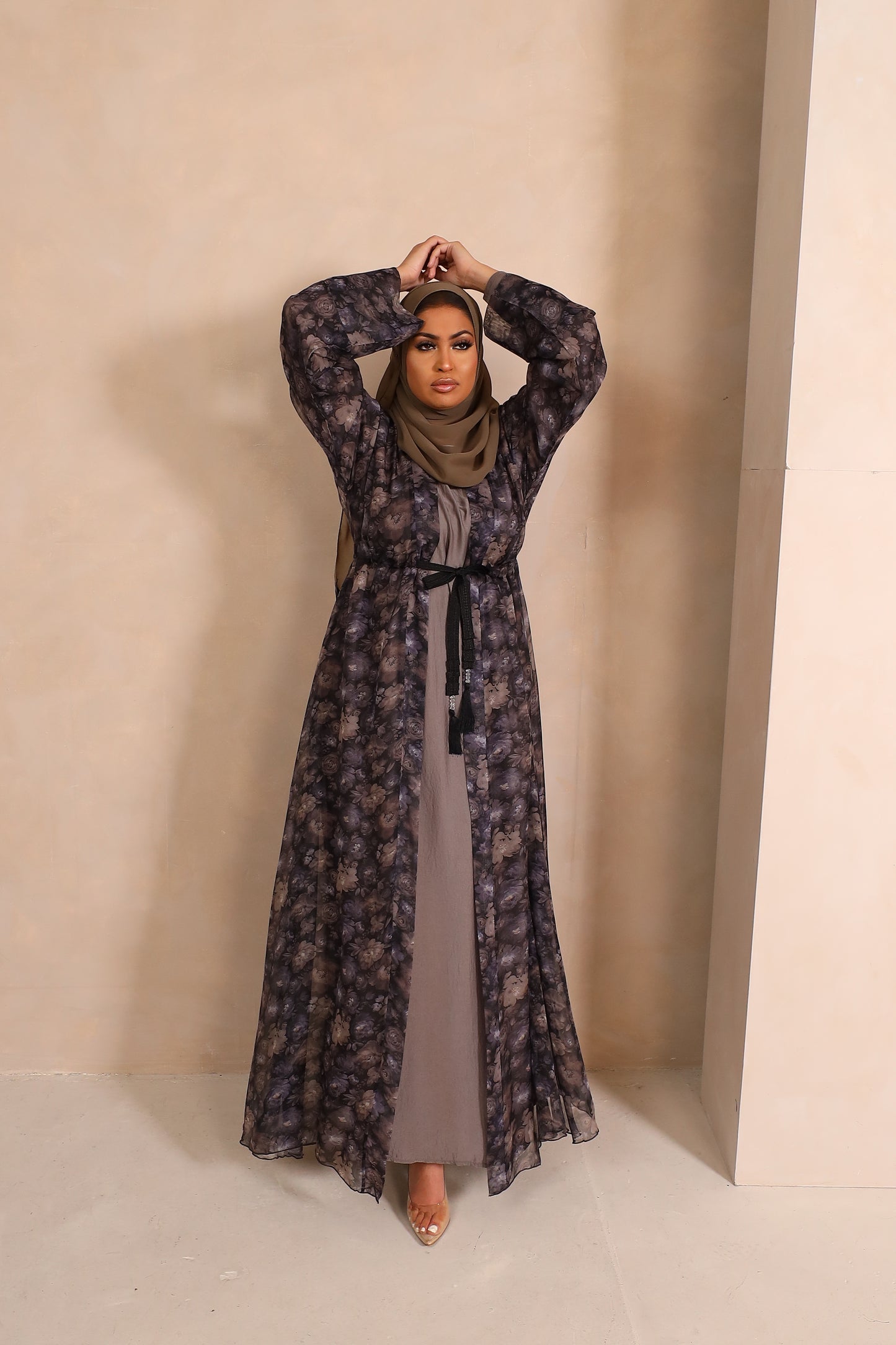 Reem Floral Chiffon Open Jacket Abaya with inner in Khaki Grey -  3 piece set