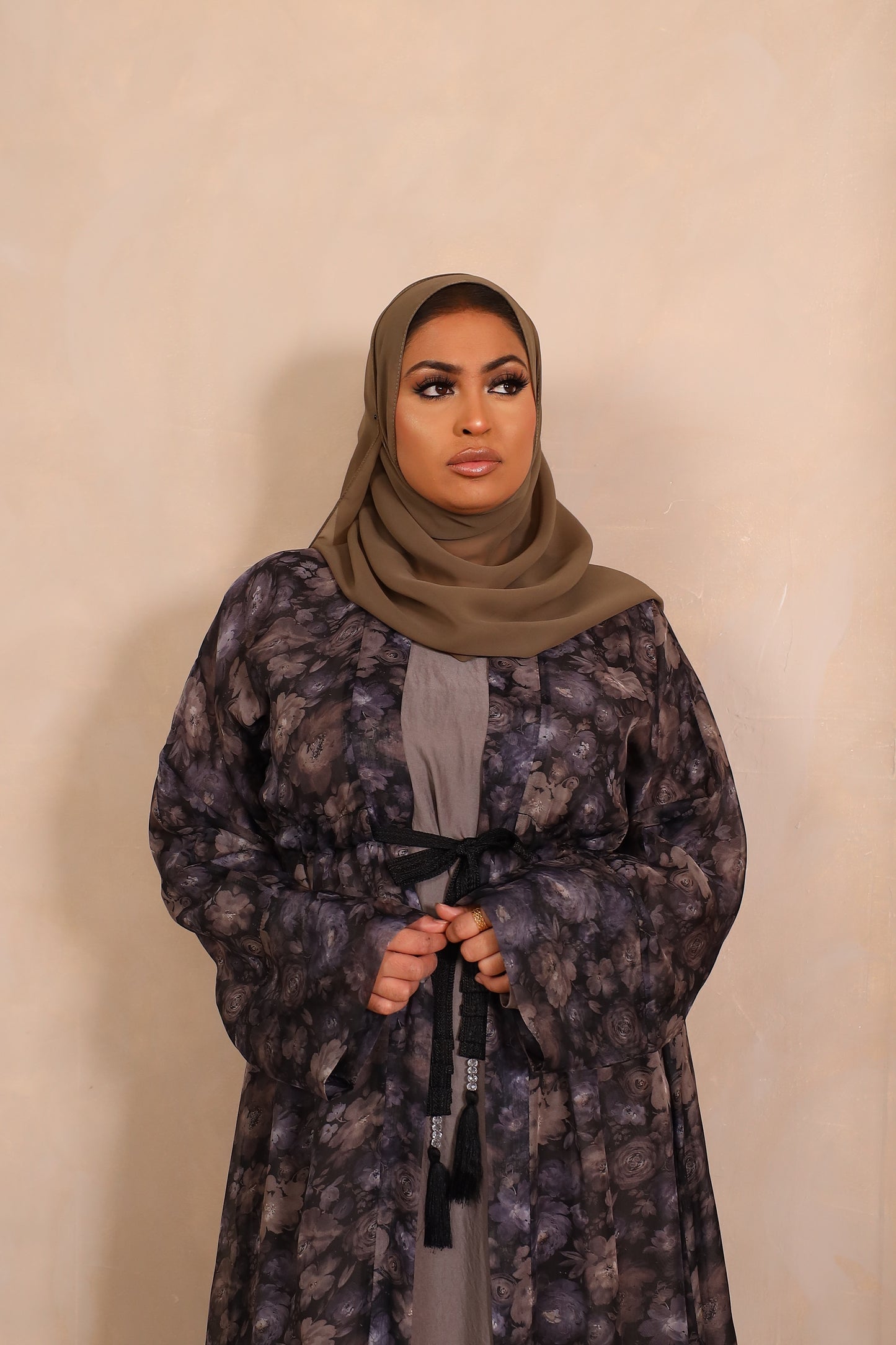 Reem Floral Chiffon Open Jacket Abaya with inner in Khaki Grey -  3 piece set
