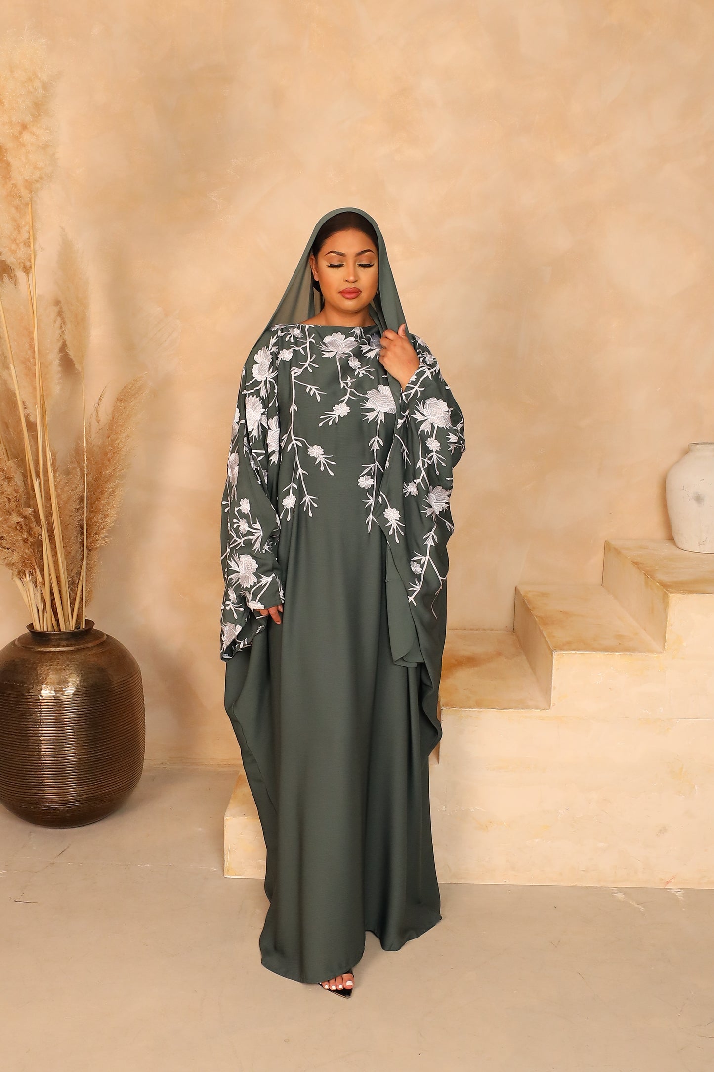 Aziza Farasha Embroidered Abaya in Sage Green and White