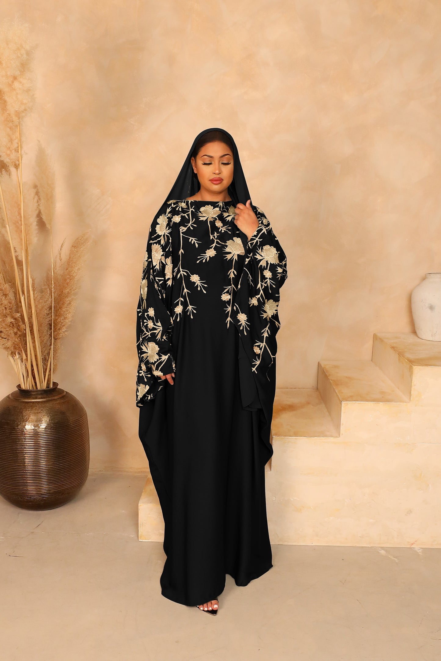 Aziza Farasha Embroidered Abaya in Black and Beige