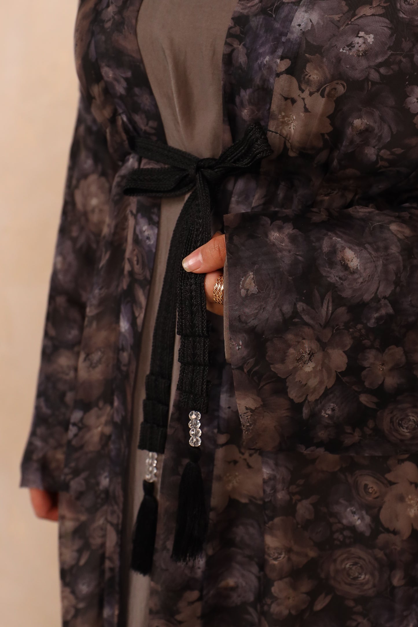 Reem Floral Chiffon Open Jacket Abaya with inner in Khaki Grey -  3 piece set