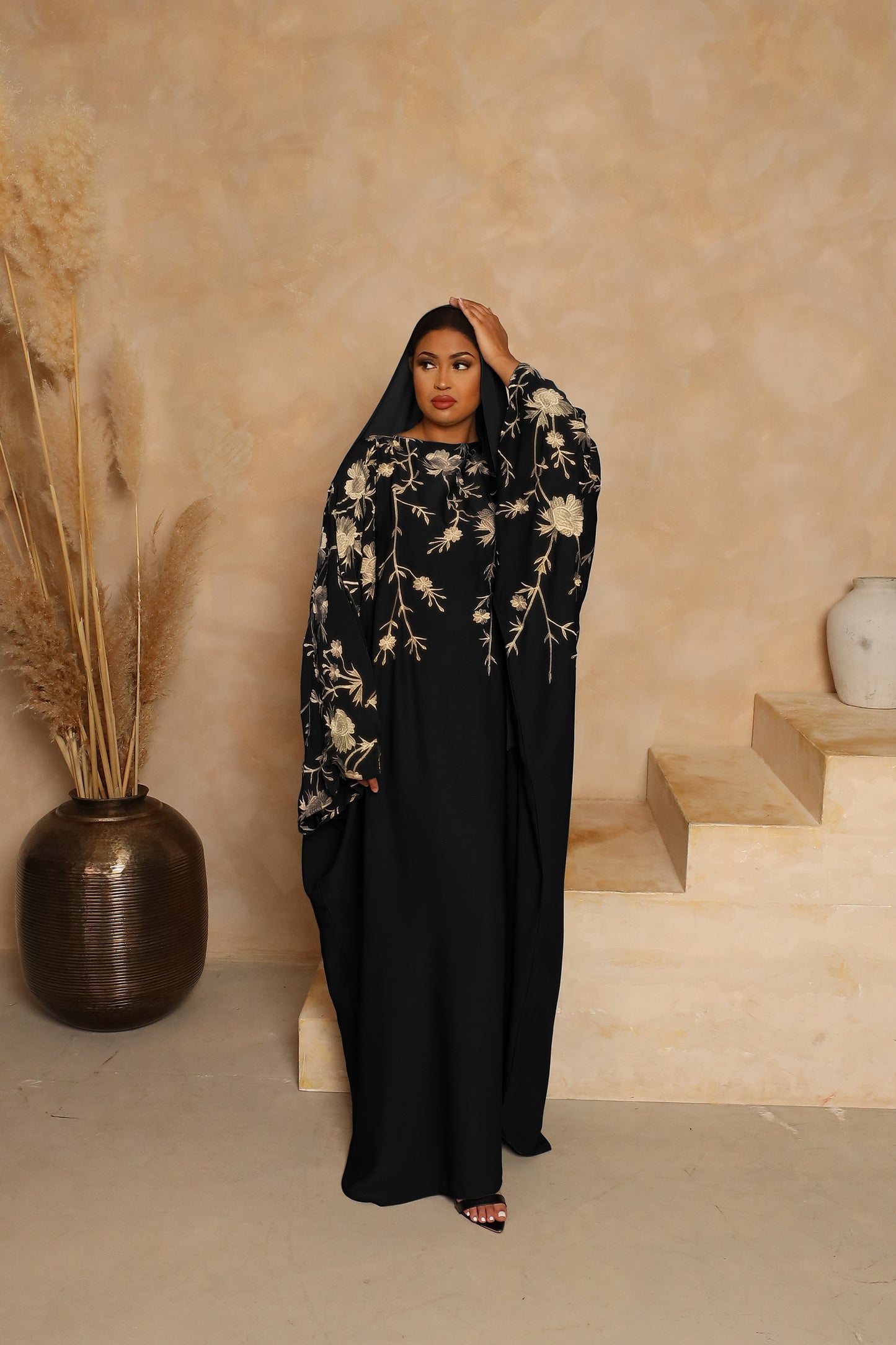 Aziza Farasha Embroidered Abaya in Black and Beige