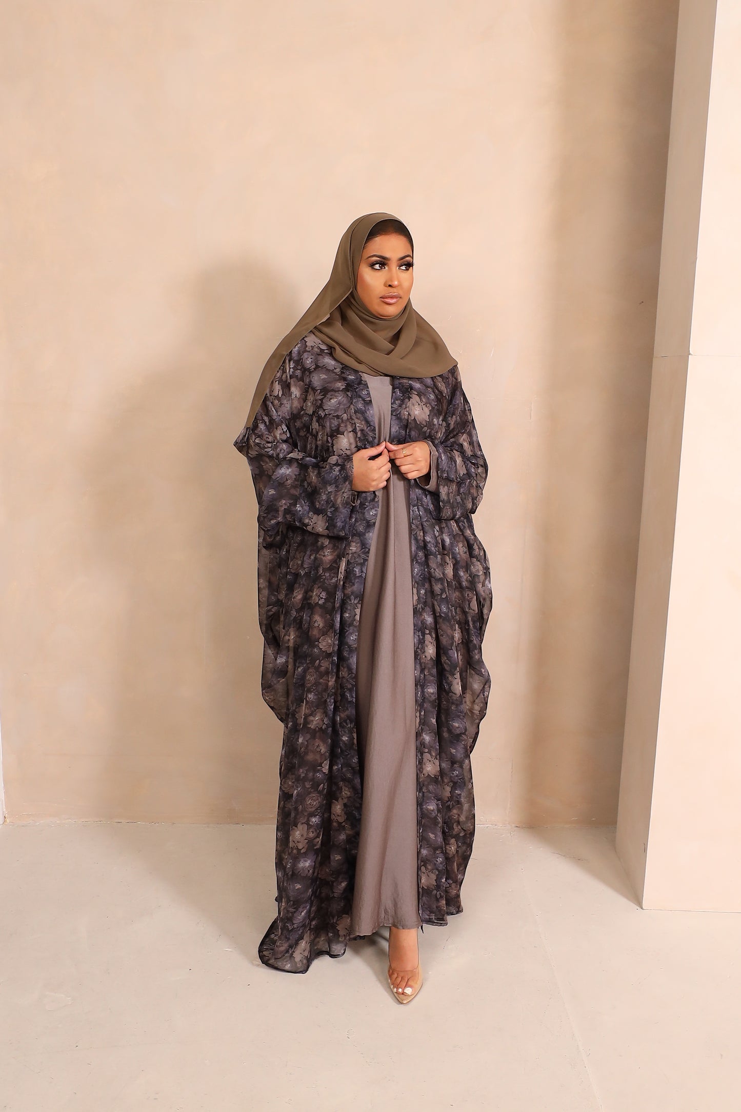 Zahra Chiffon Floral Farasha Open Jacket Abaya with Grey Inner -  4 piece set