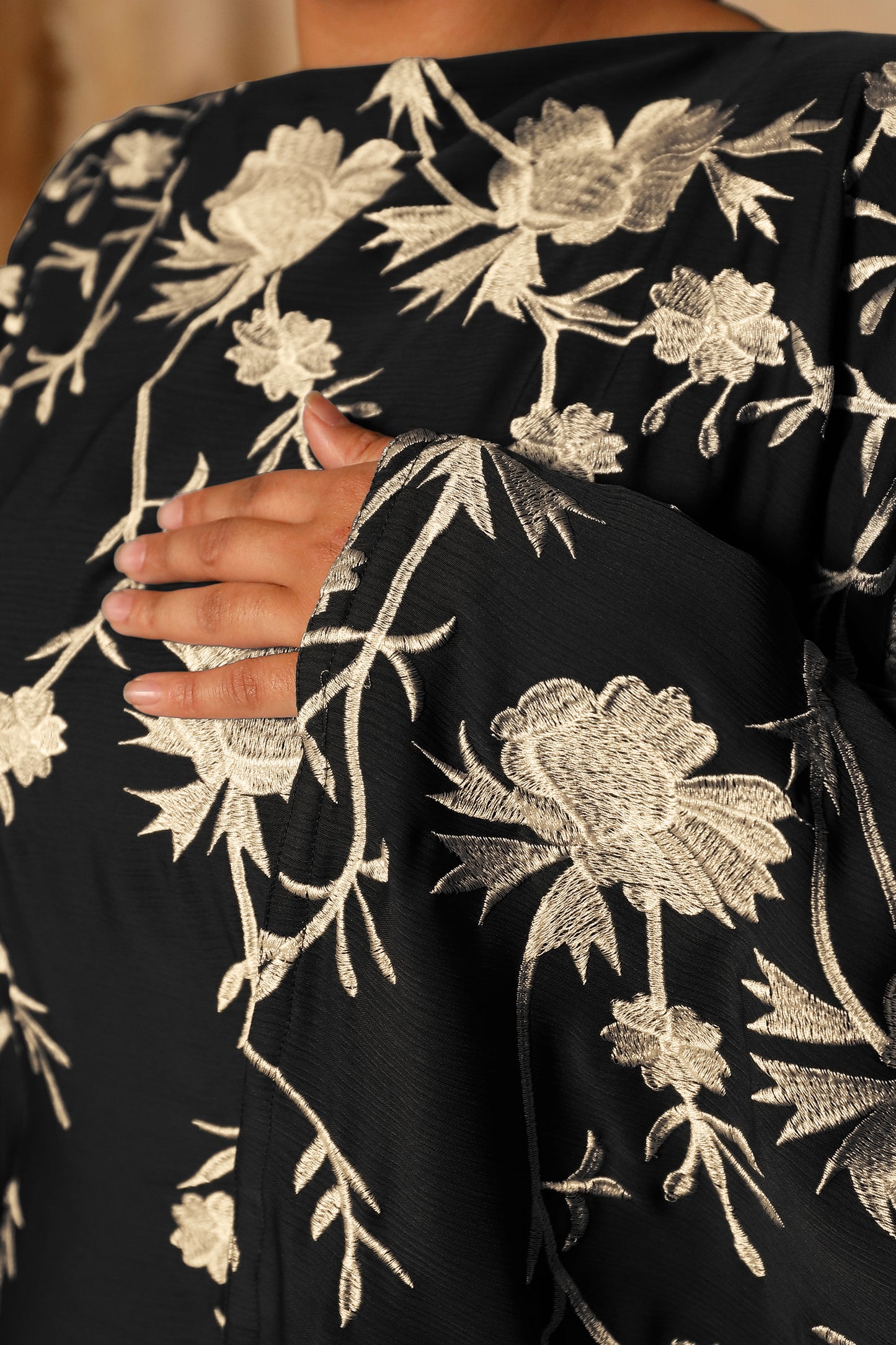 Aziza Farasha Embroidered Abaya in Black and Beige