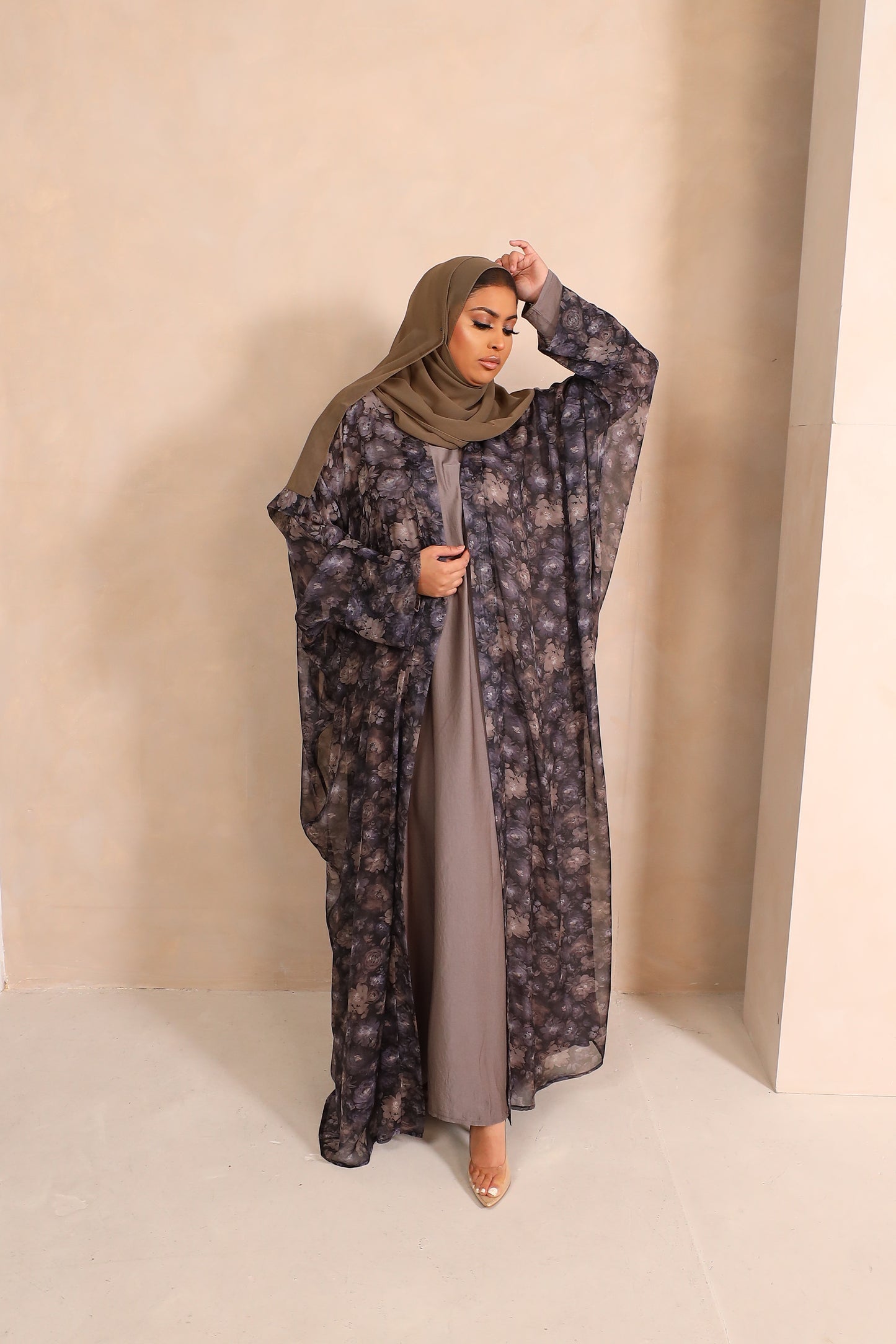 Zahra Chiffon Floral Farasha Open Jacket Abaya with Grey Inner -  4 piece set